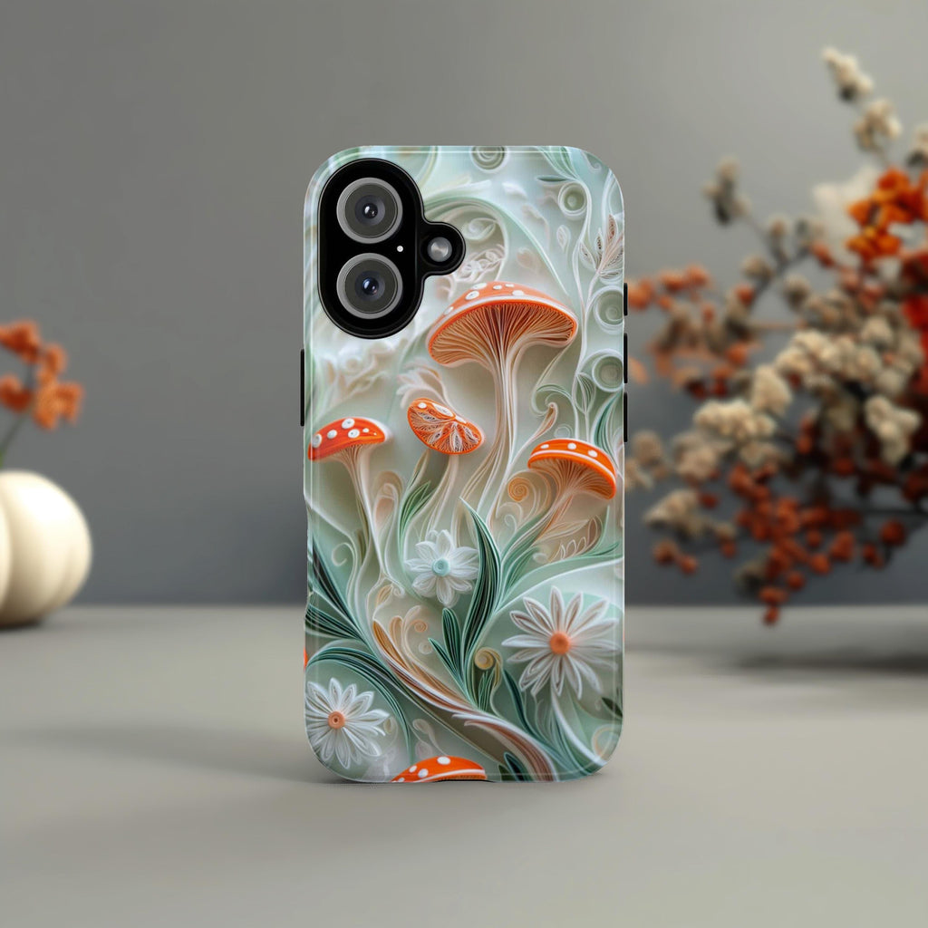 Magical Forest Mushroom Phone Case with Paper Art Design, Woodland & Nature Lovers for iPhone 16 15 14 13 Tough or Magsafe, Samsung, 470.14