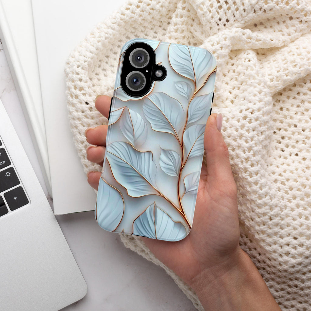 White and Gold Leaves Phone Case, Plant Lover Gift, 3D White Leaf Elegant Case for iPhone 16 15 14 13 Magsafe Pro Max, Samsung S25, 418.28