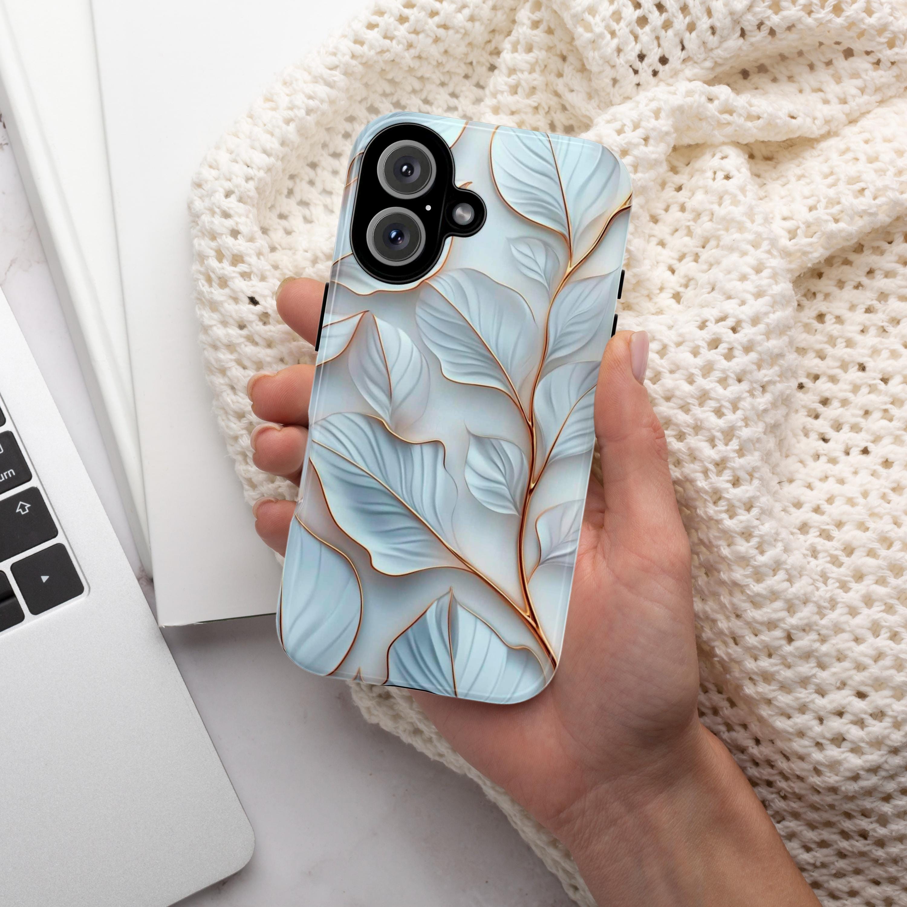 White and Gold Leaves Phone Case, Plant Lover Gift, 3D White Leaf Elegant Case for iPhone 16 15 14 13 Magsafe Pro Max, Samsung S25, 418.28