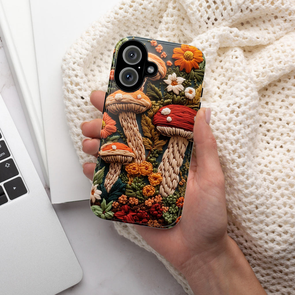 Embroidered Autumn Mushrooms Phone Case, Fall Forest MagSafe for iPhone 16 15 14 13 12 Pro Max Plus, Samsung S24 Ultra, Pixel 8, 453.4