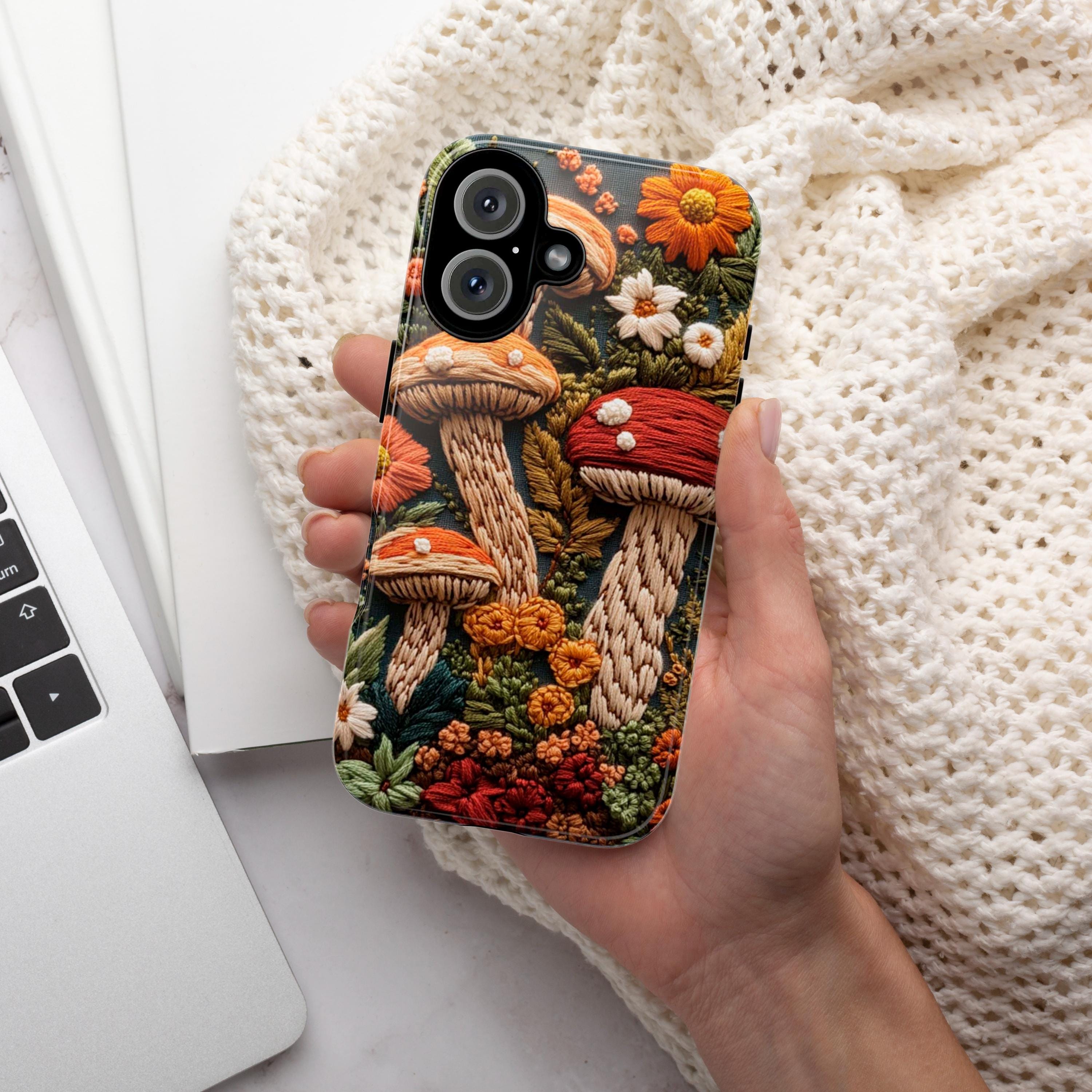 Embroidered Autumn Mushrooms Phone Case, Fall Forest MagSafe for iPhone 16 15 14 13 12 Pro Max Plus, Samsung S24 Ultra, Pixel 8, 453.4