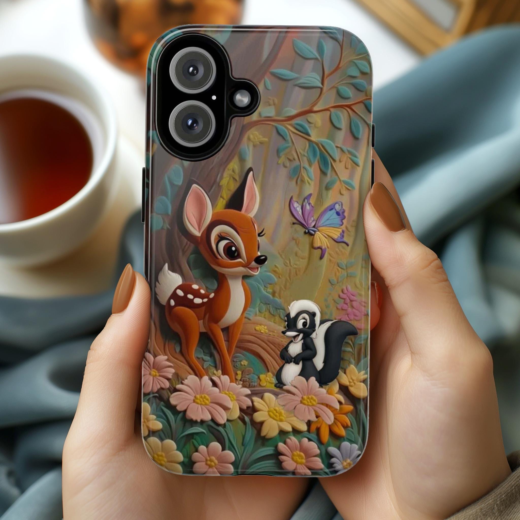 Bambi and Skunk Phone Case, Disney Floral Forest Design, Cute Cartoon Bambi Friends for iPhone 16, 15, 14 Tough or Magsafe & Samsung, 442.50