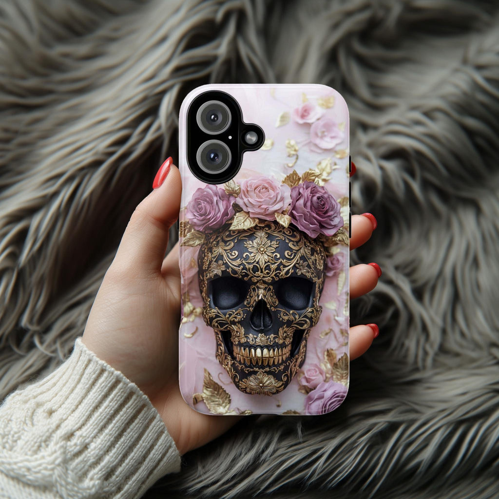Dark Gothic Skull & Floral Phone Case, Fantasy Art Design, Pink Roses Cover Tough or Magsafe Phone Case for iPhone 16, Samsung S25, 465.21