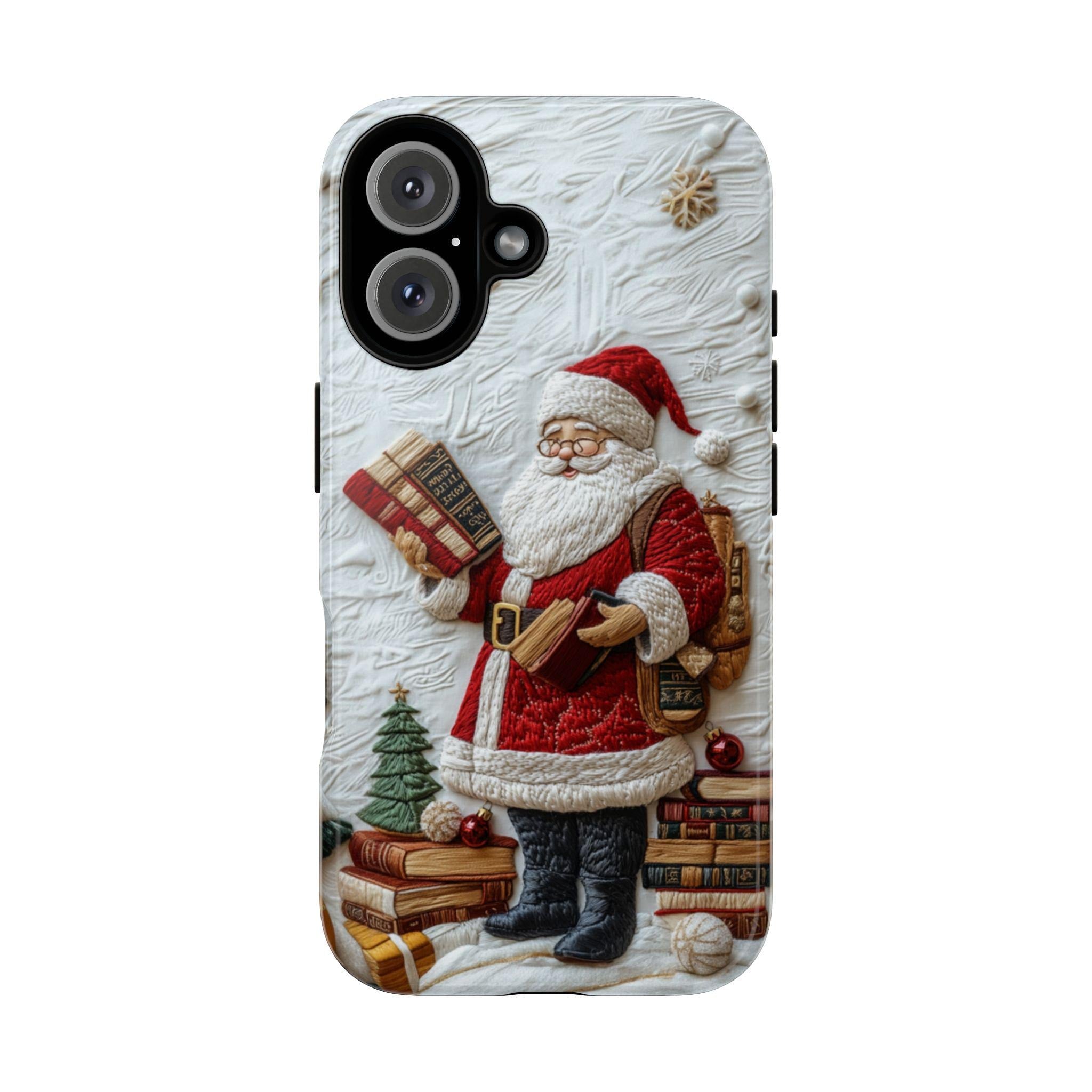 Holiday Santa & Books 3D Embroidered effect Phone Case, Winter Festive Design for iPhone 16 15 14 13 Magsafe Plus, Samsung S24, 444.7