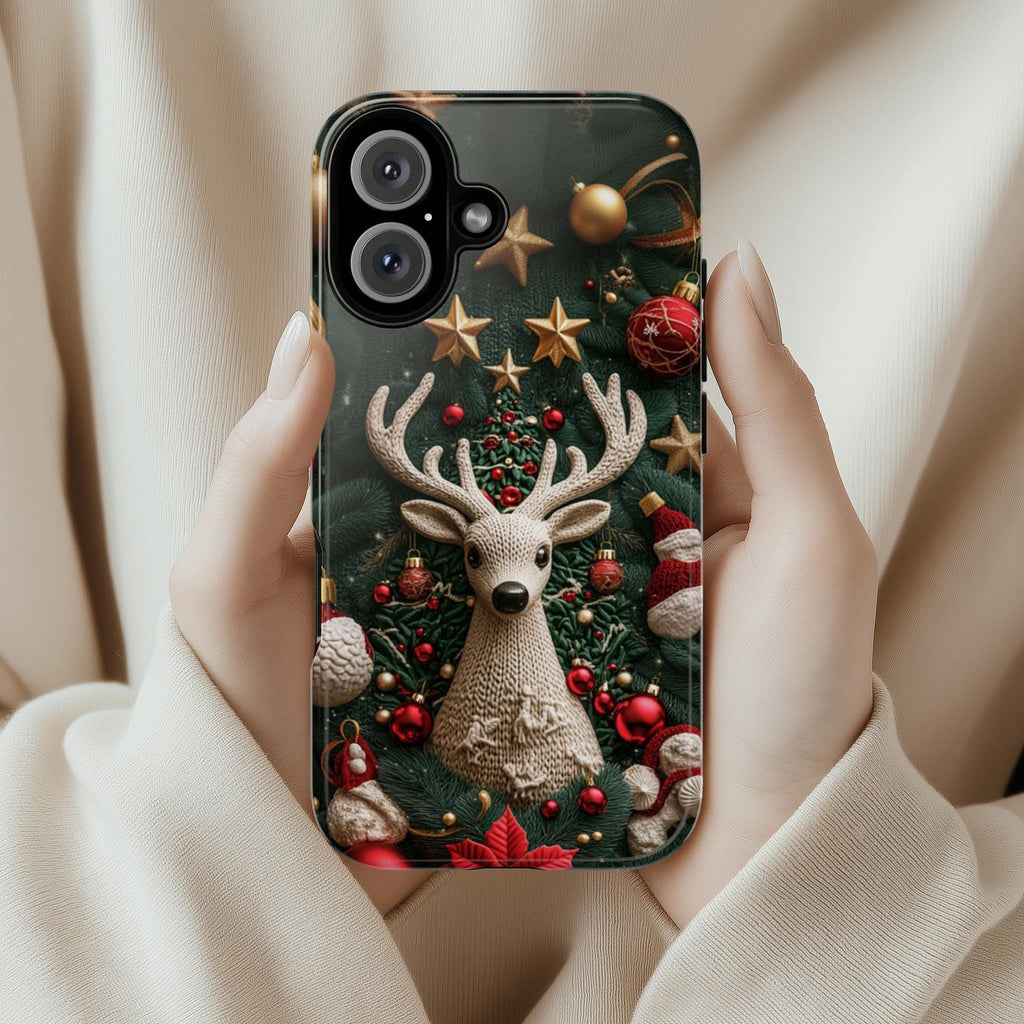 3D Knitted Christmas Reindeer Phone Case, Festive Knit Effect Holiday Design, Christmas Ornaments Mobile Cover, Protective Xmas Gift, 443.2