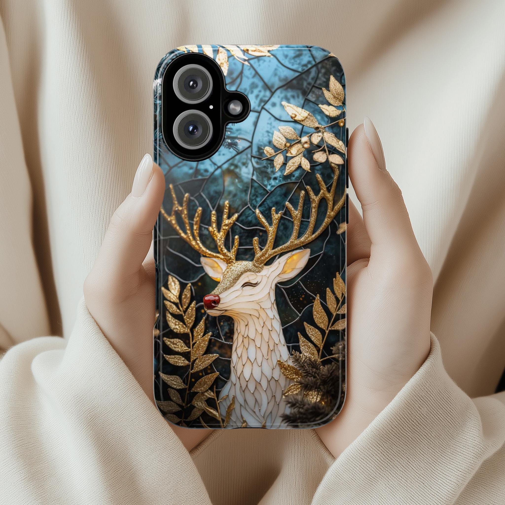 Cozy Stained Glass Reindeer Christmas Phone Case, Gold Silver Xmas MagSafe for iPhone 16 15 14 13 Pro Max Plus, Samsung S24 Ultra, 420.13