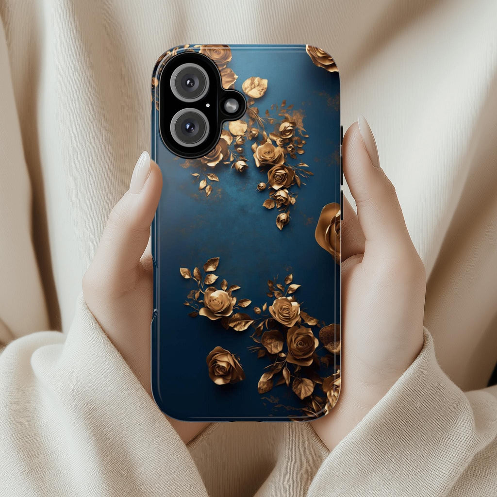 3D Golden Roses Elegant Blue Background Phone Case | Aeasthetic Design for iPhone 16 Pro Max 15 14 13 Mag Safe, Samsung S25 Ultra, 428.8