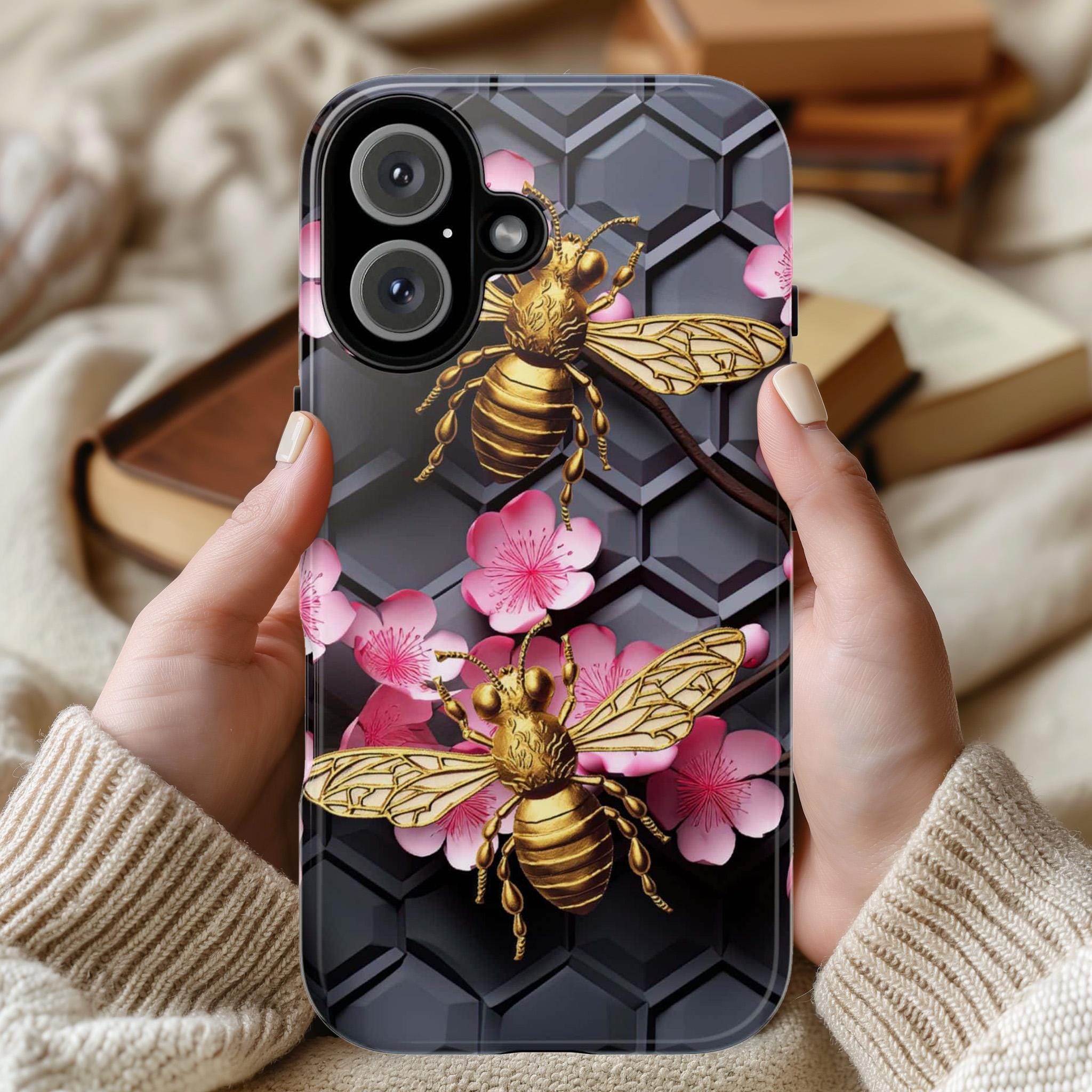 Bumble Bee Floral Lover Phone Case, Honeycomb Bees Phone Cover, Honey Bee Case for iPhone 16 15 14 13 Magsafe / Samsung S25, 102.5