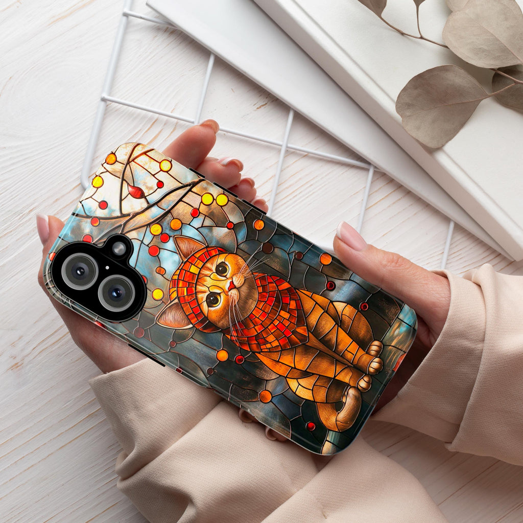 Vibrant Stained Glass Phone case  with Adorable Cat, Cat Lover Gift for iPhone 16 Pro Max 15 14 13 Plus, Samsung S25 Ultra, 416.3