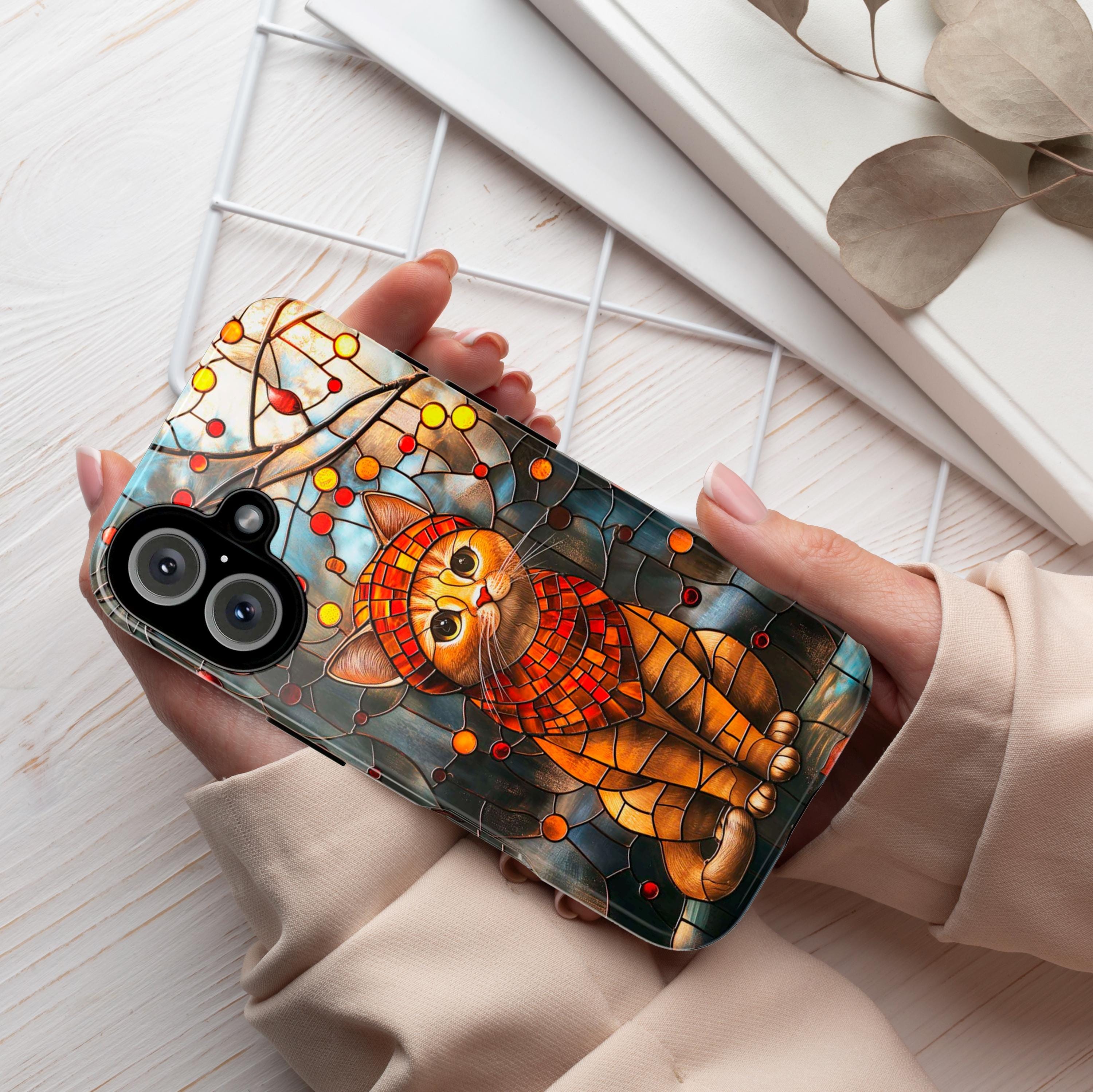 Vibrant Stained Glass Phone case  with Adorable Cat, Cat Lover Gift for iPhone 16 Pro Max 15 14 13 Plus, Samsung S25 Ultra, 416.3