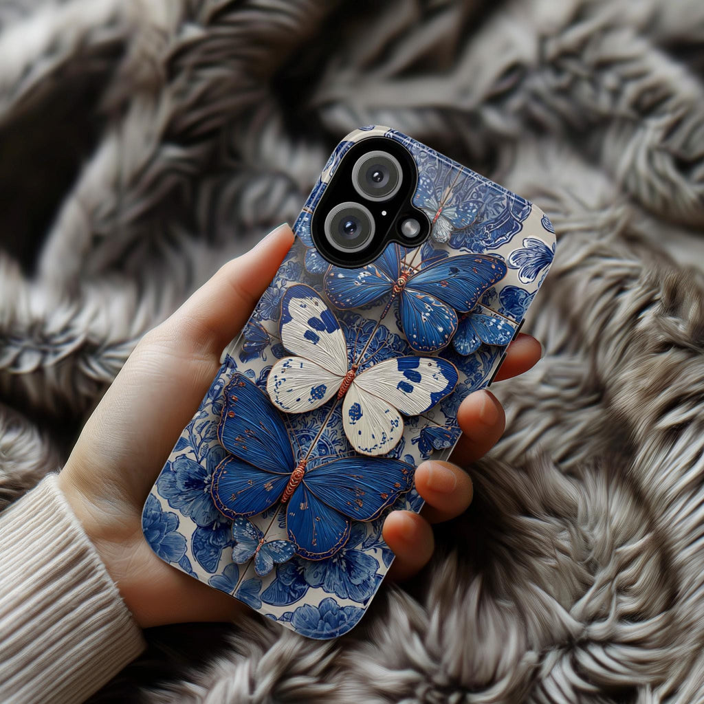 3D Blue Butterfly Phone Case with Tile Effec, Artistic Protective Smartphone Cover for iPhone Tough or Magsafe, Samsung, 476.27