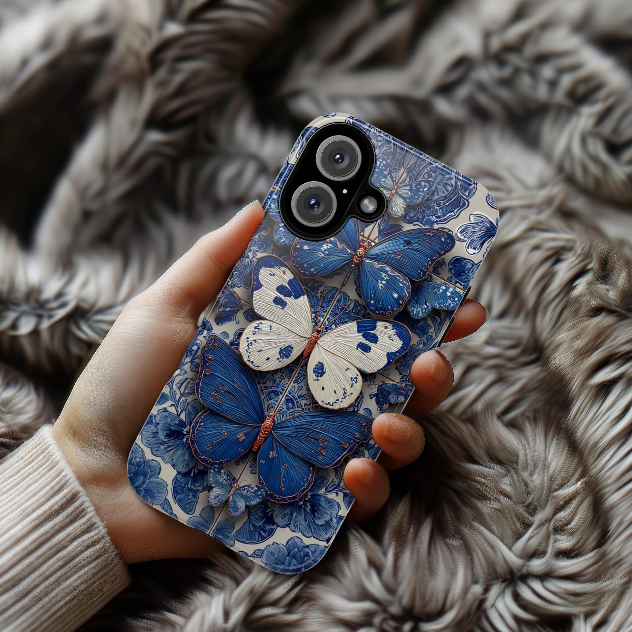 3D Blue Butterfly Phone Case with Tile Effec, Artistic Protective Smartphone Cover for iPhone Tough or Magsafe, Samsung, 476.27