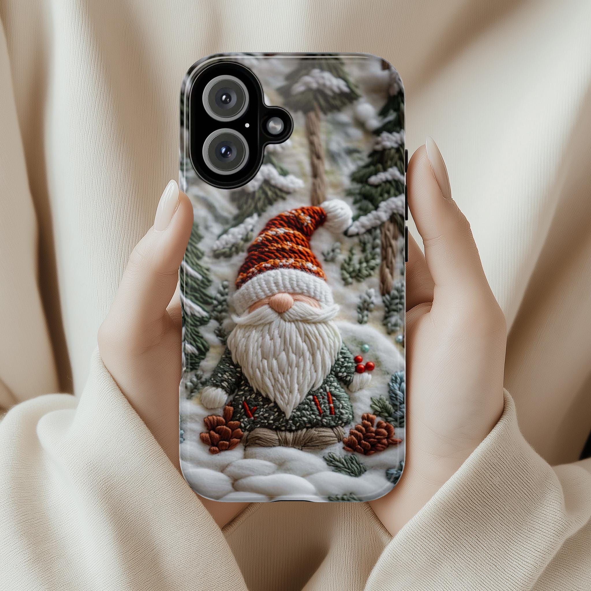 Winter Gnome Embroidery MagSafe Phone Case, Cozy Winter Design with Snowy Forest Phone 15 14 13 12 Pro Max Plus / Samsung S24, 444.9