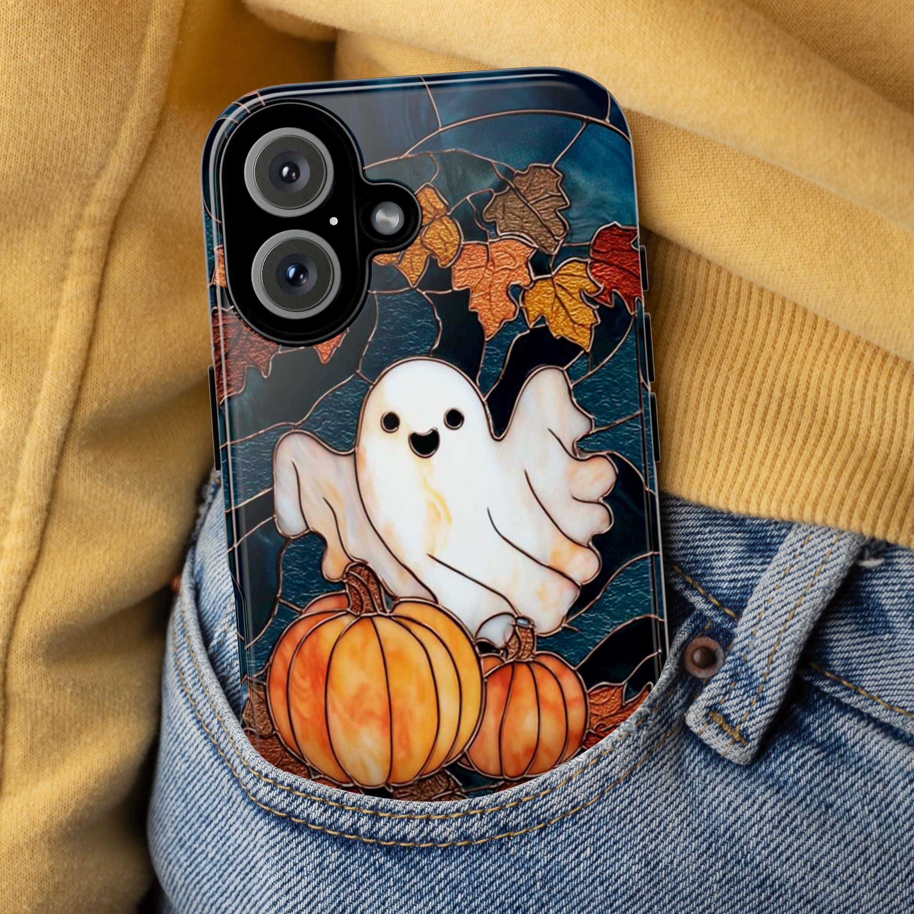 Spooky Fall Ghost & Pumpkin Phone Case | Cute Halloween Design Stained Glass Effect Cover for iPhone 16 15 Tough or Magsafe, Samsung, 475.25