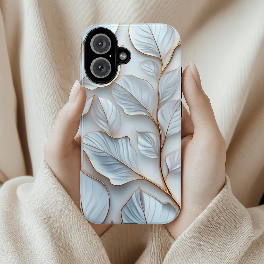 White and Gold Leaves Phone Case, Plant Lover Gift, 3D White Leaf Elegant Case for iPhone 16 15 14 13 Magsafe Pro Max, Samsung S25, 418.28