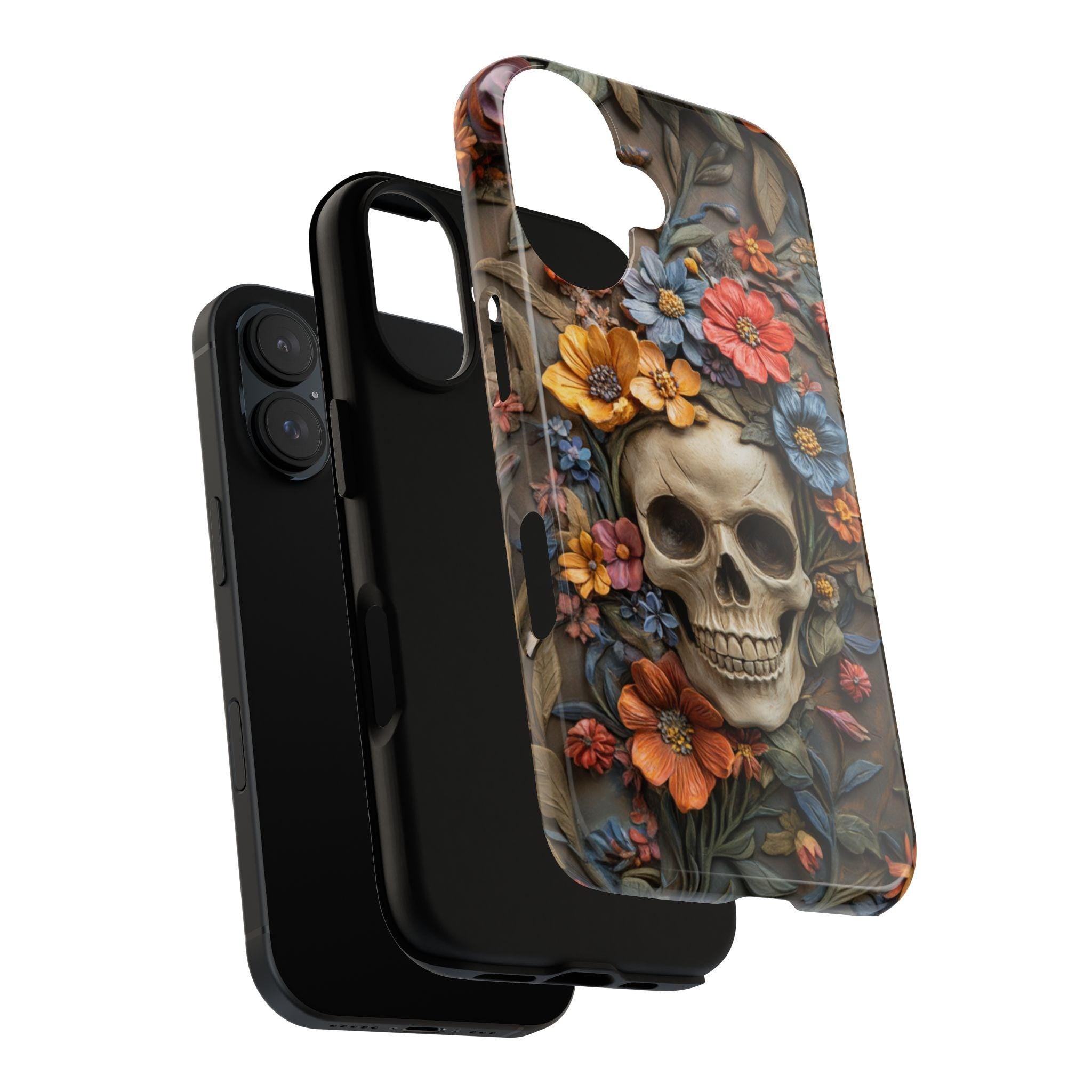 3D Dia de los Muertos Flora Skull Phone Case, Anatomical Gothic Botanical Phone, Halloween-Inspired Cover for iPhone & Samsung, 435.4