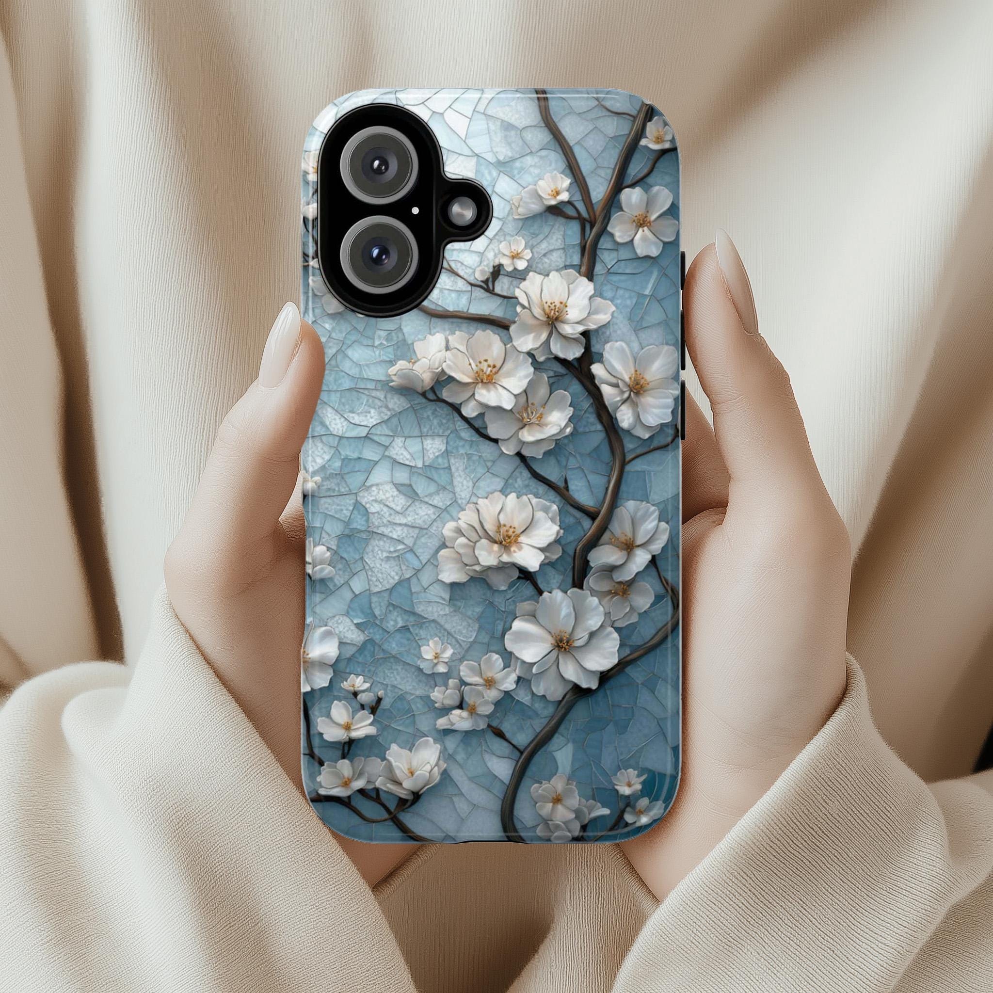 Cozy Cherry Blossom Stained Glass Mosaic Phone Case, Artistic Protective Cover for iPhone 16, 15, 14, 13 Tough or Magsafe, Samsung, 418.26