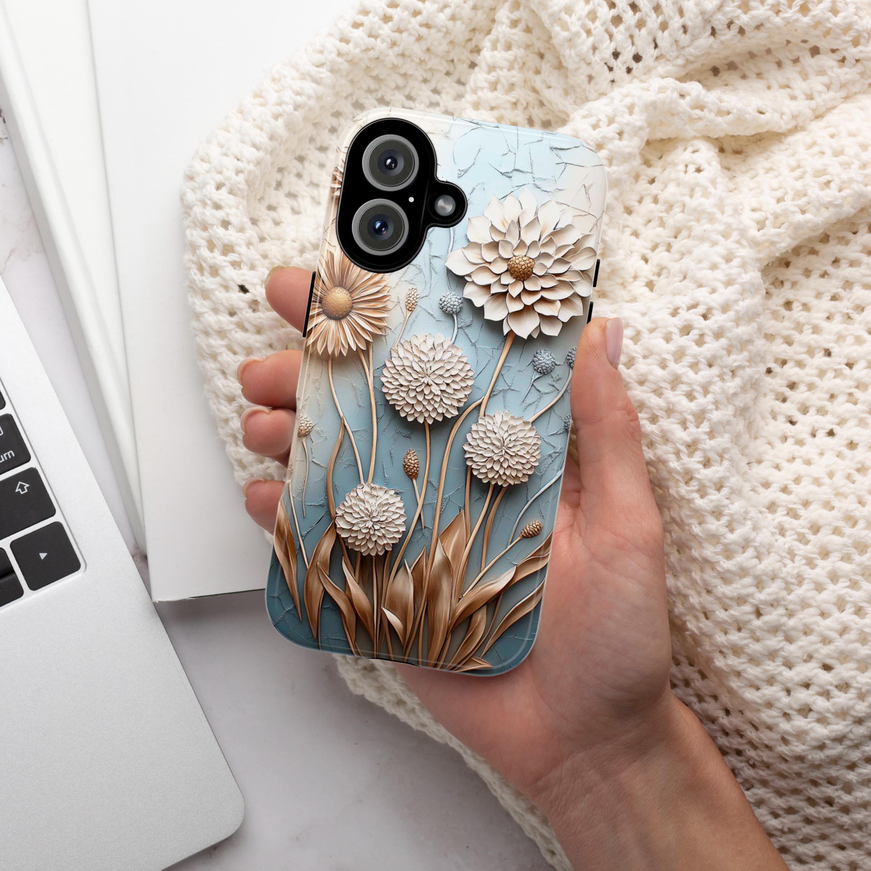 3D Art Pastel Florwers Phone Case, Delicate Floral Dandelion Design Phone Cover for iPhone 16 15 14 13 Magsafe, Samsung S25, 439.35