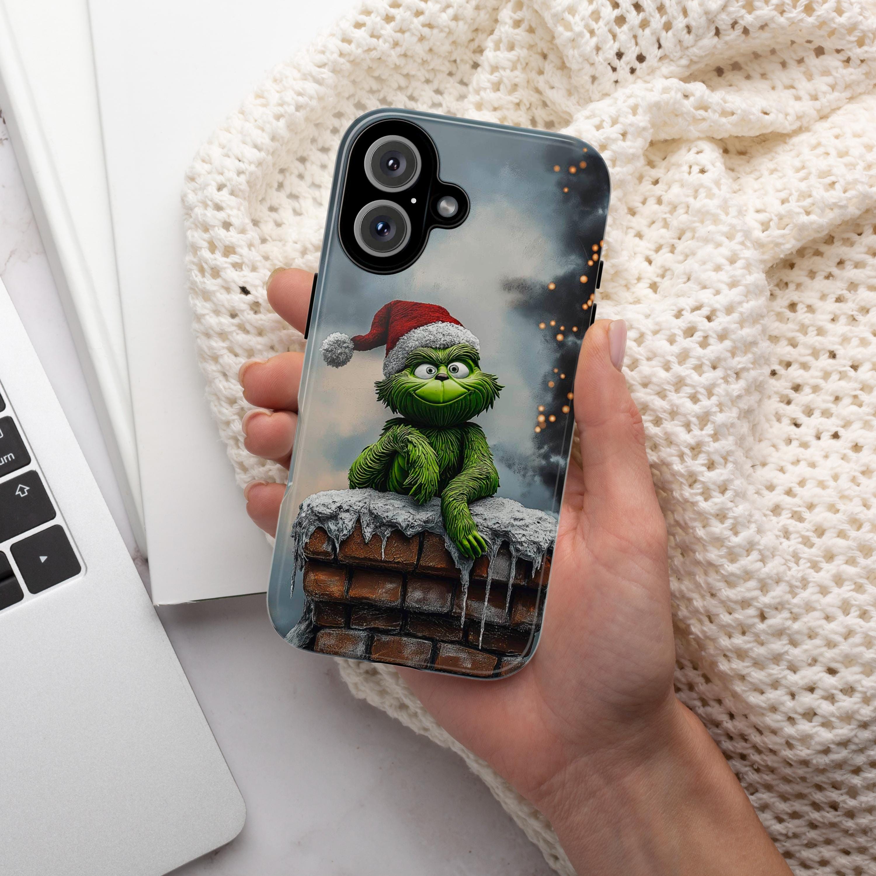 3D Funny Grinch Christmas on the Chimney Phone Case, Winter Xmas Grinch Cover for iPhone 16 15 14 13 Pro Max Plus, Samsung S24, 433.20