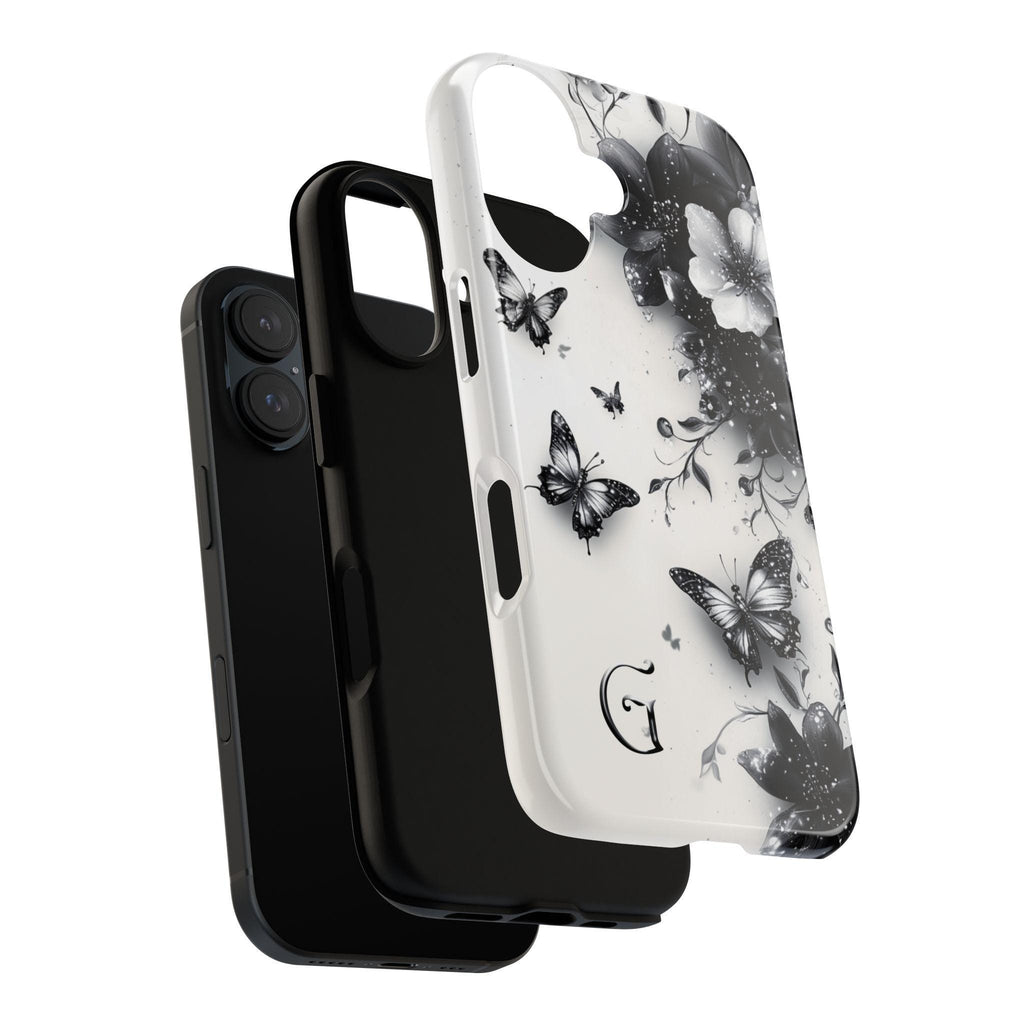 Black Floral Butterfly & Custom Monogram Phone Case, Personalized Monogrammed Design for iPhone 16 15 14 Tough or Magsafe, Samsung, 469.3