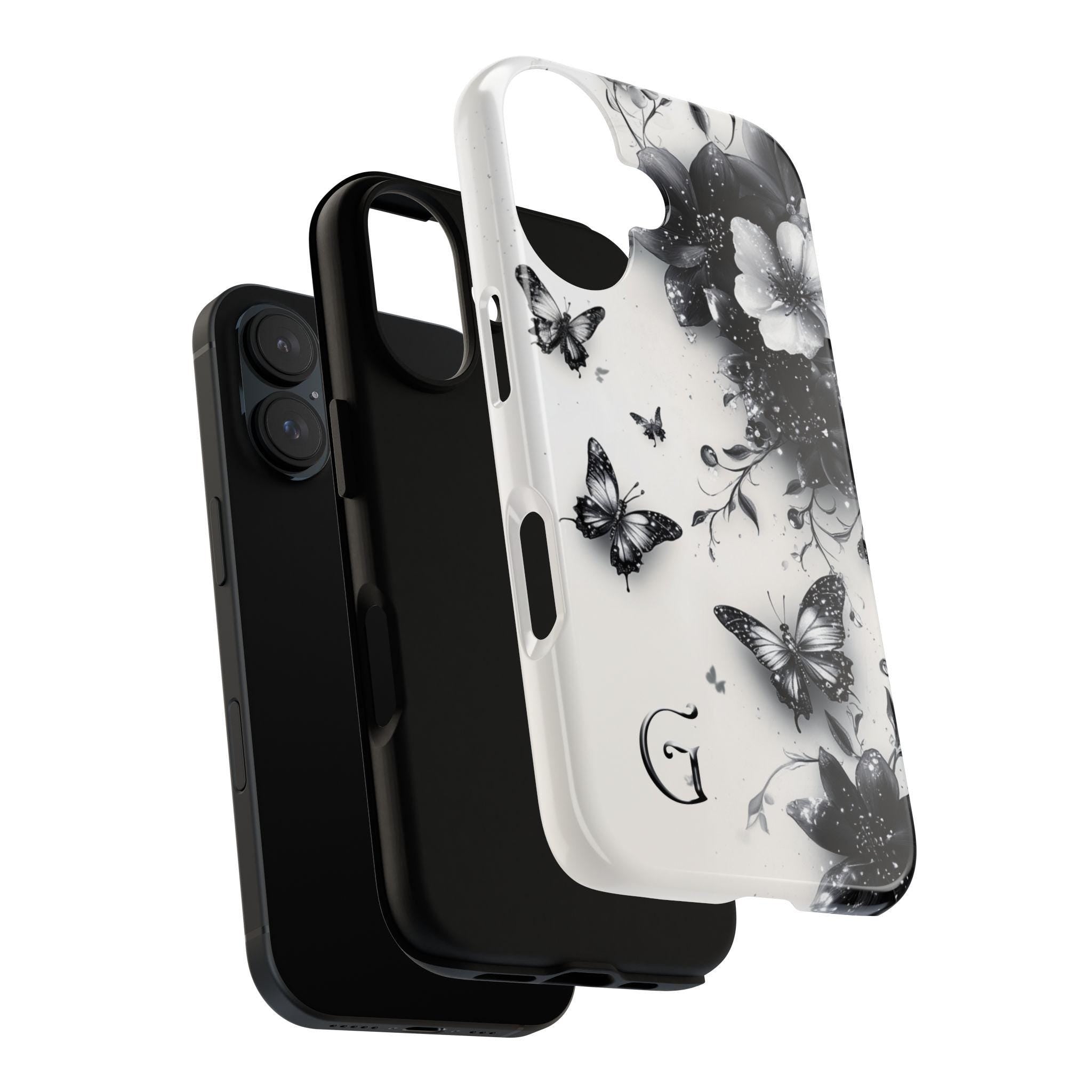 Black Floral Butterfly & Custom Monogram Phone Case, Personalized Monogrammed Design for iPhone 16 15 14 Tough or Magsafe, Samsung, 469.3