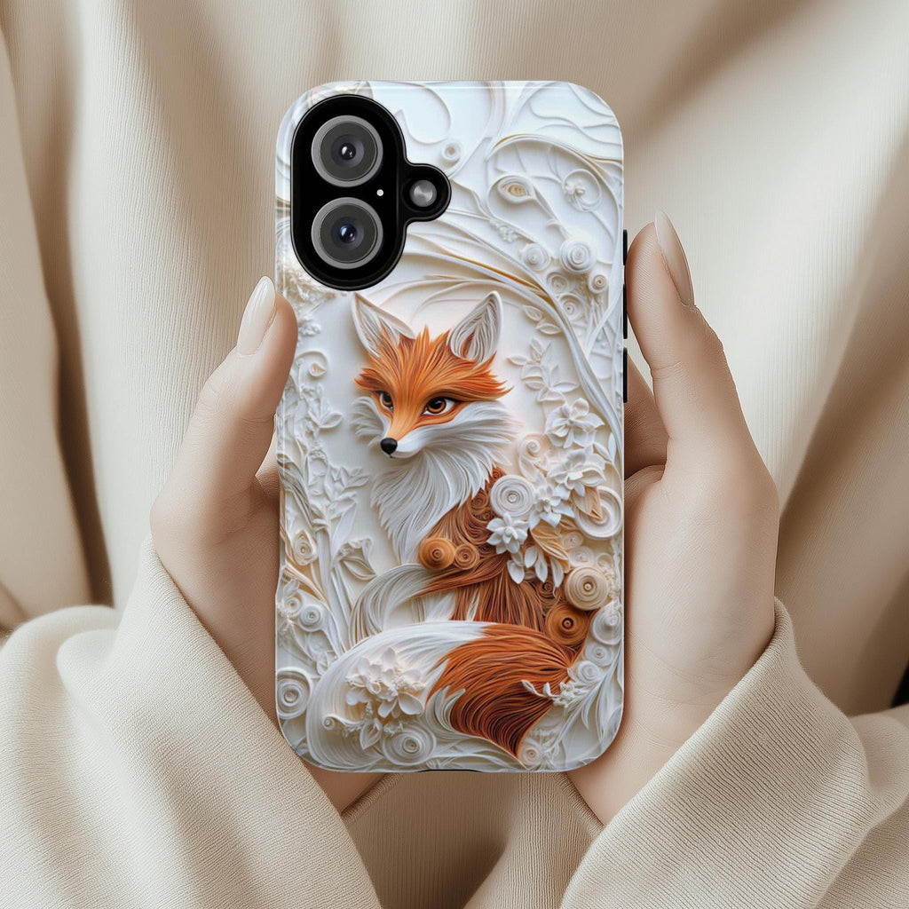 Fox and Floral Paper Art Phone Case, 3D Textured Fox Lover Gift Phone Cove, Artistic Paper Style Cover for iPhone Tough or MagSafe, 470.13