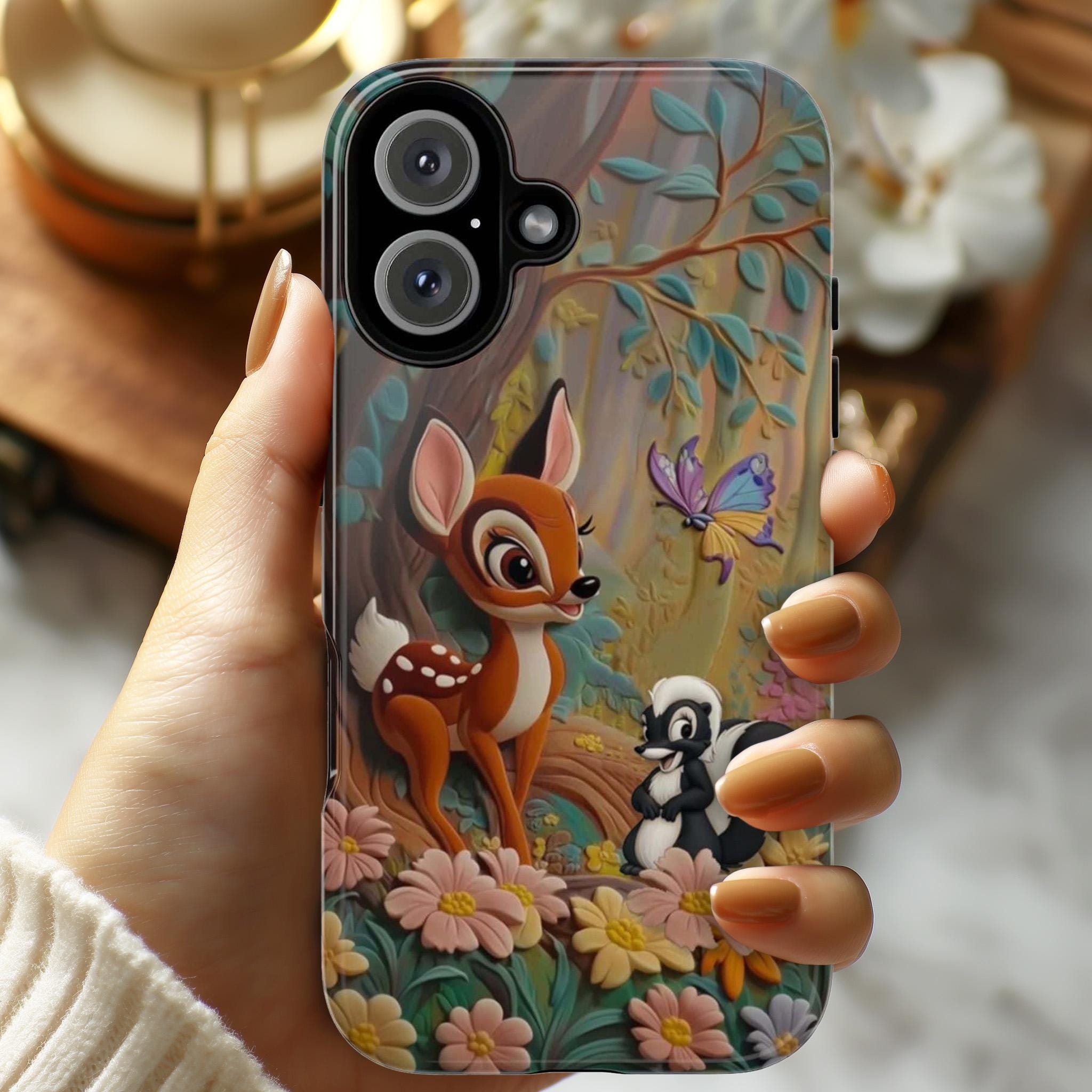 Bambi and Skunk Phone Case, Disney Floral Forest Design, Cute Cartoon Bambi Friends for iPhone 16, 15, 14 Tough or Magsafe & Samsung, 442.50