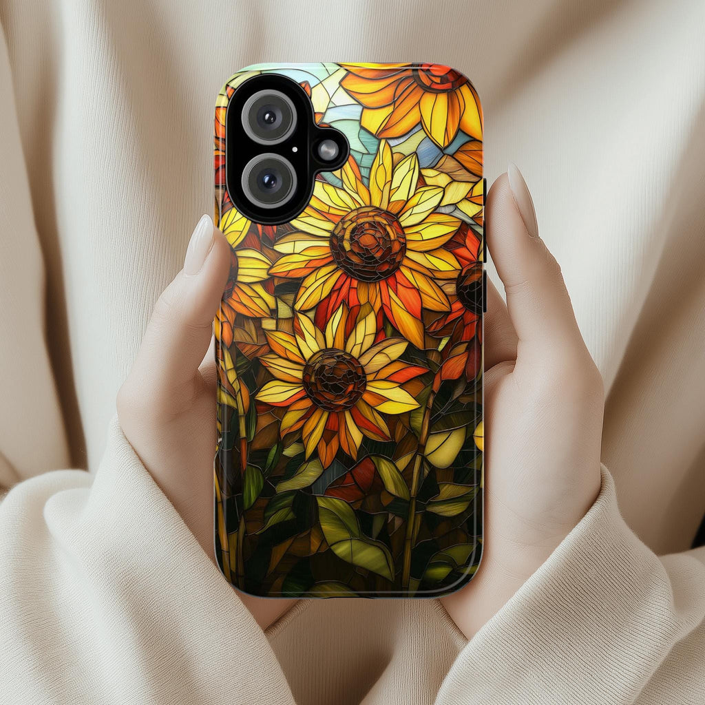 Stained Glass Vibrant Sunflowers Phone Case, Sunflower Field Phone Cover for iPhone 16 15 14 13 Pro Magsafe Samsung Galaxy S24, 418.18