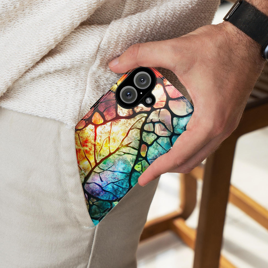 Stained Glass Rainbow Leaf Phone Case, Artistic Colorful Leaf Cover for iPhone iPhone 16, 15, 14, 13 Magsafe & Samsung, Pixel, 418.22