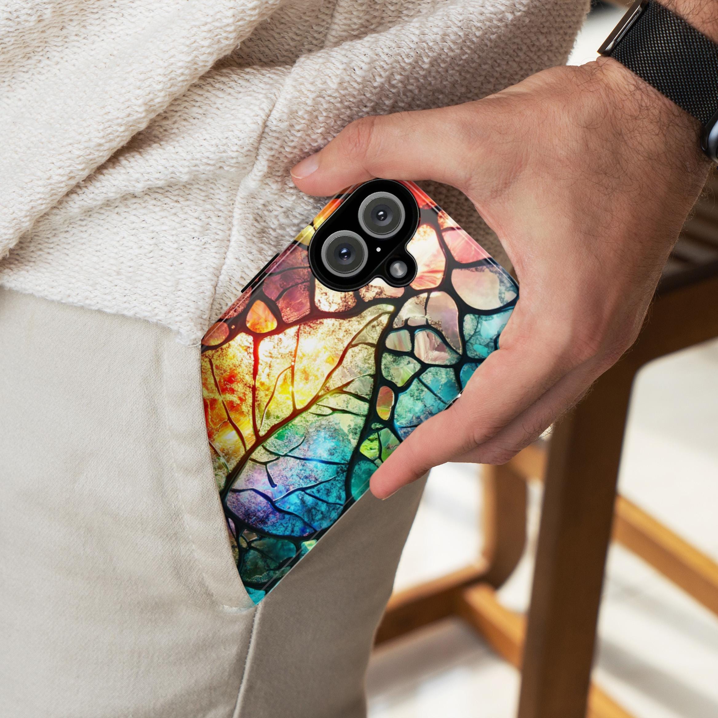 Stained Glass Rainbow Leaf Phone Case, Artistic Colorful Leaf Cover for iPhone iPhone 16, 15, 14, 13 Magsafe & Samsung, Pixel, 418.22