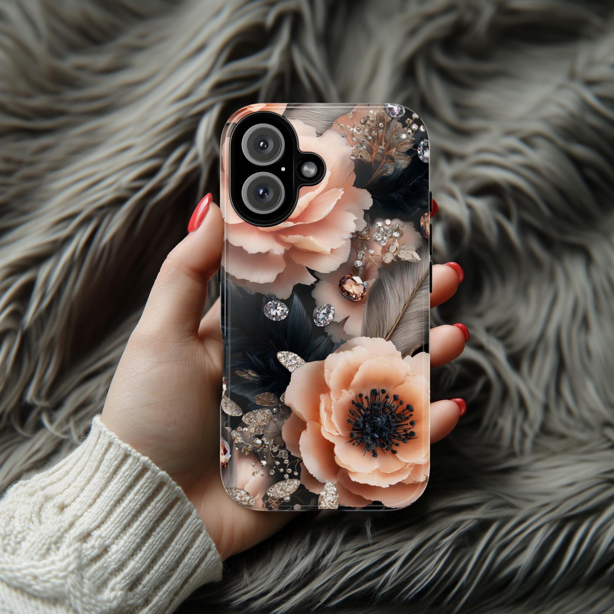 Luxury Anemone Flower Phone Case, Stylish Crystal Accents Rose Floral Design Cover for iPhone 16 15 Tough or Magsafe, Samsung, 476.27