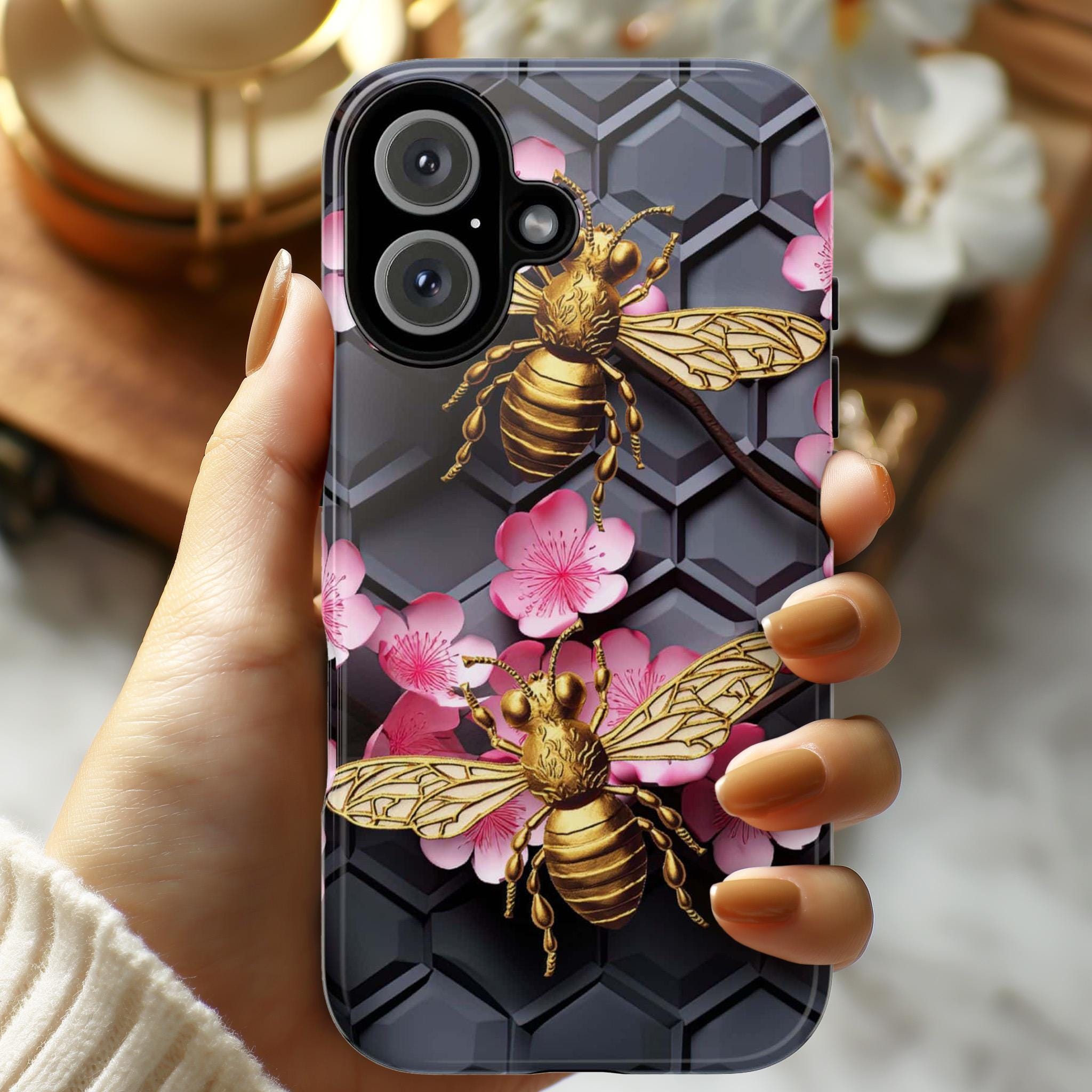 Bumble Bee Floral Lover Phone Case, Honeycomb Bees Phone Cover, Honey Bee Case for iPhone 16 15 14 13 Magsafe / Samsung S25, 102.5