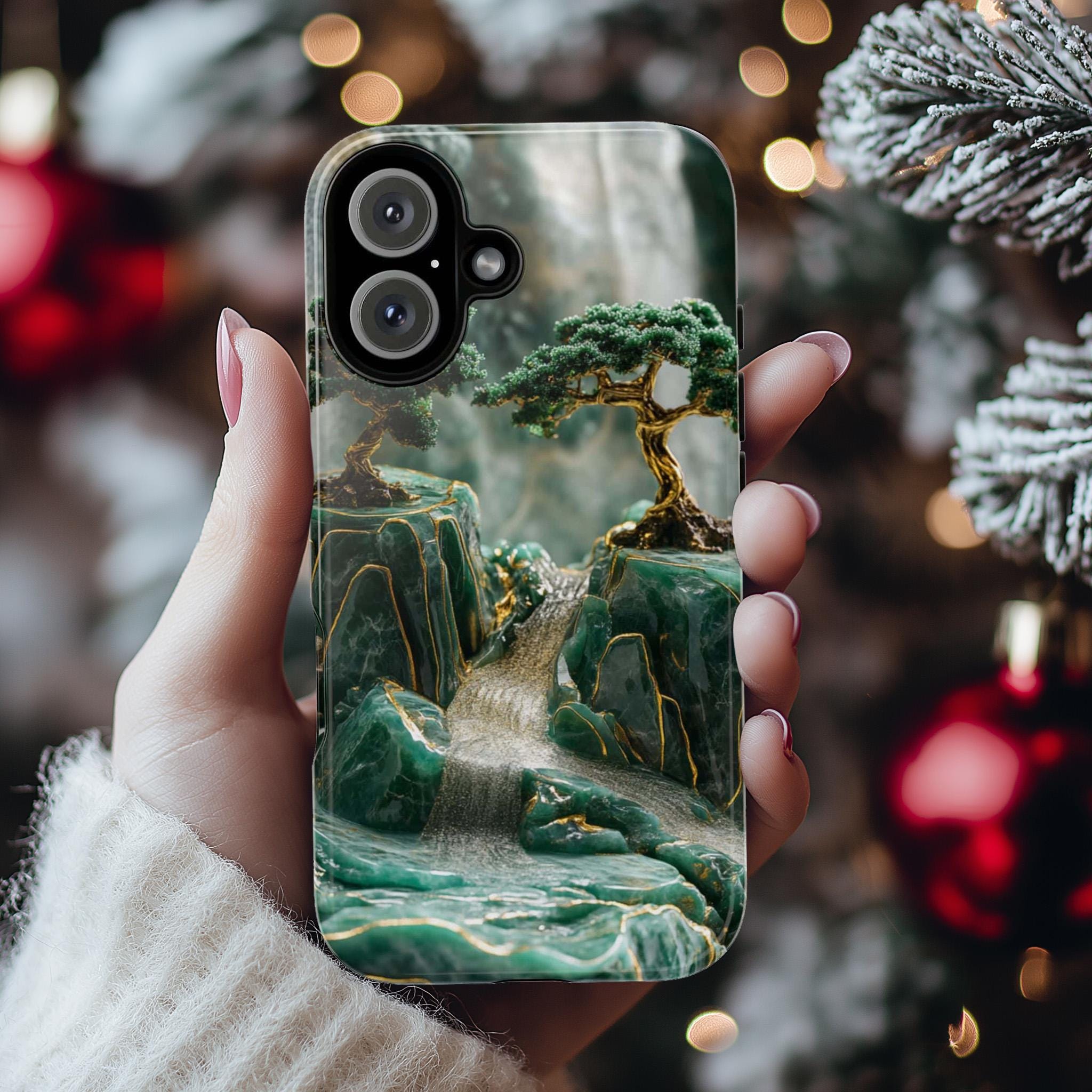 Asian Green Jade Carving Phone Case, Landscape Scenery Art Phone Cover, Aesthetic Phone Cover for iPhone 16 15 Pro Max, Samsung S24, 438.5