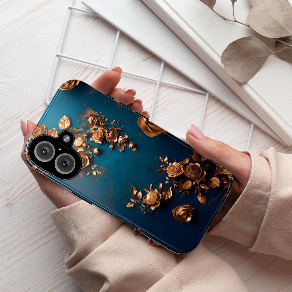 3D Golden Roses Elegant Blue Background Phone Case | Aeasthetic Design for iPhone 16 Pro Max 15 14 13 Mag Safe, Samsung S25 Ultra, 428.8