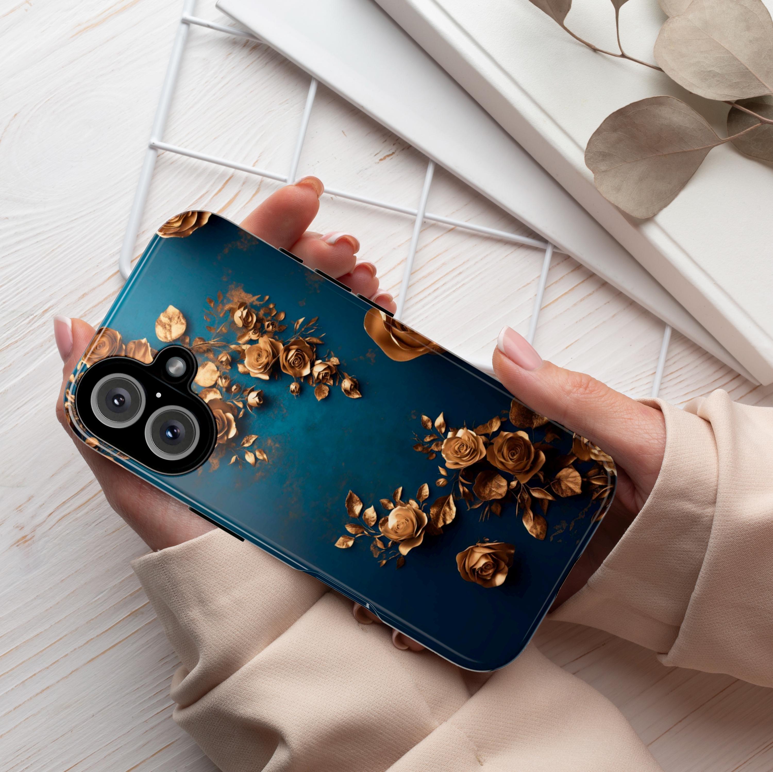 3D Golden Roses Elegant Blue Background Phone Case | Aeasthetic Design for iPhone 16 Pro Max 15 14 13 Mag Safe, Samsung S25 Ultra, 428.8