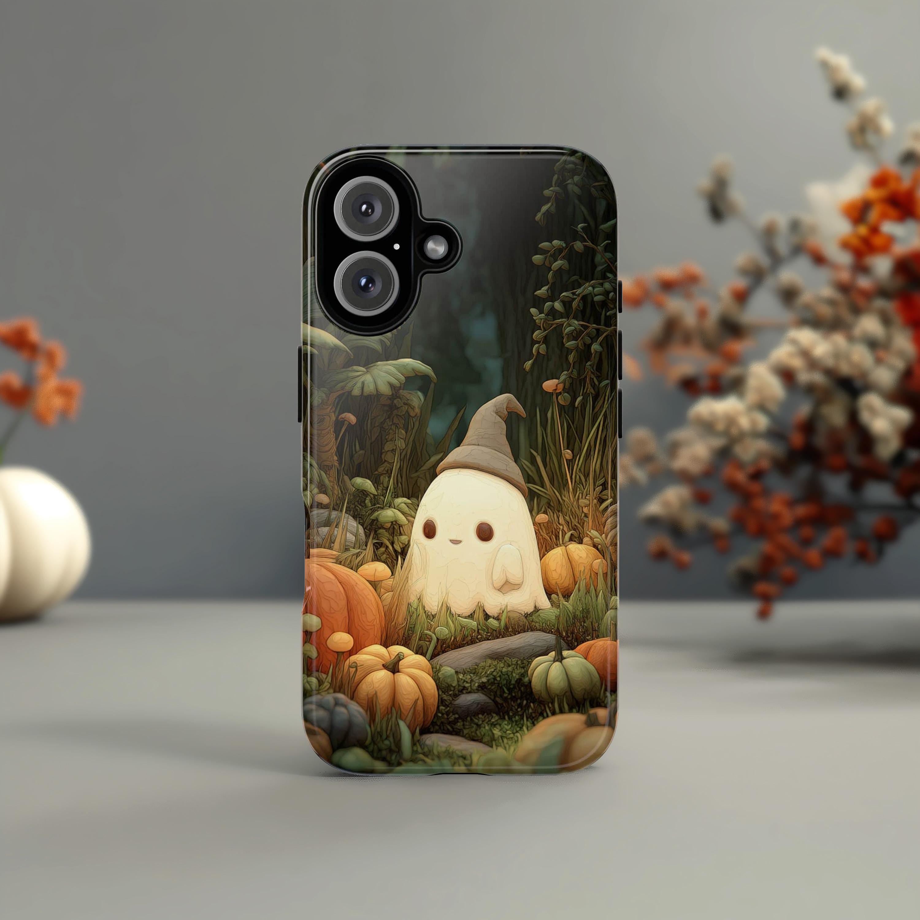 Fall Ghost Phone Case, Pumpkins & Forest Cover, Autumn Halloween Spooky Vibes for iPhone 16 15 14 Tough or Magsafe, Samsung, 475.12