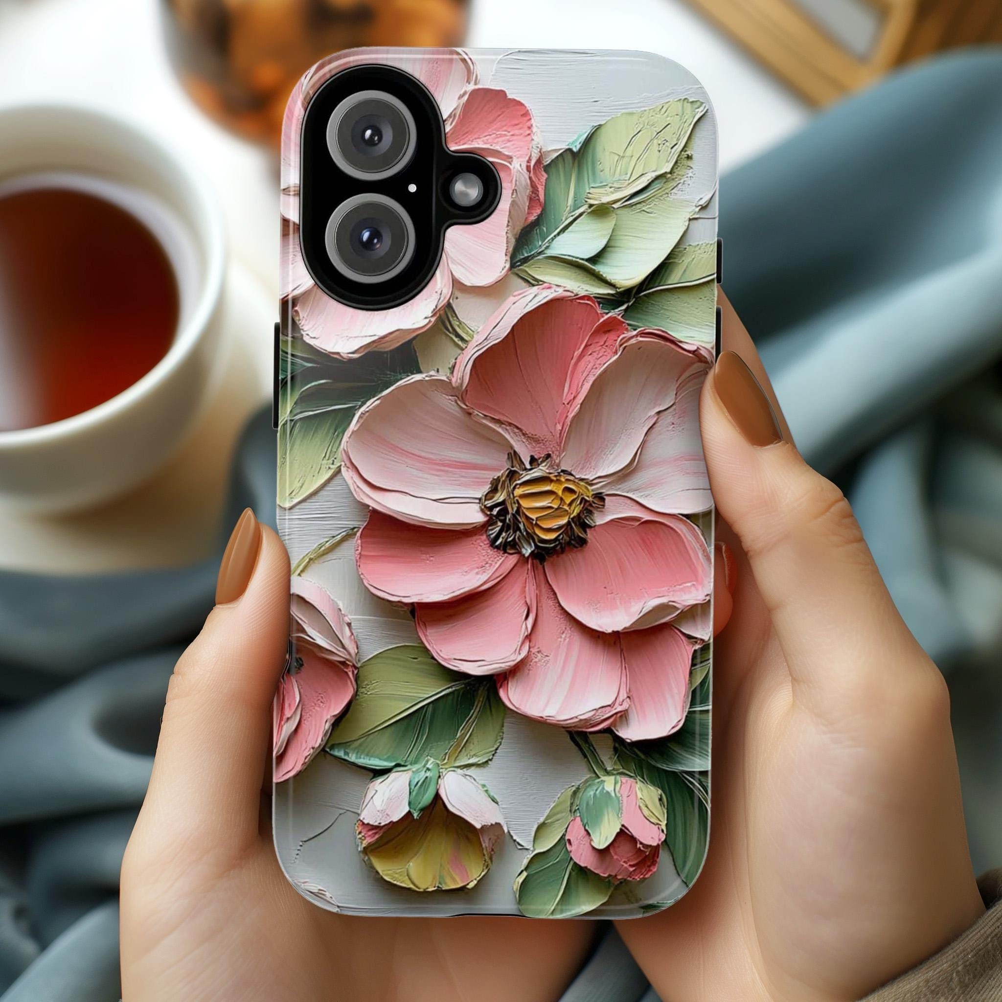 Floral Phone Case with Anemone & Rose, Nature Oil Painting, Botanical Blossom Art Cover for iPhone 16 Tough or Magsafe, Samsung S25, 439.51