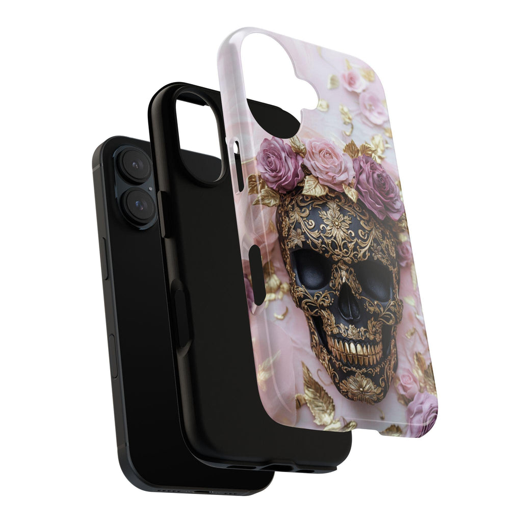 Dark Gothic Skull & Floral Phone Case, Fantasy Art Design, Pink Roses Cover Tough or Magsafe Phone Case for iPhone 16, Samsung S25, 465.21