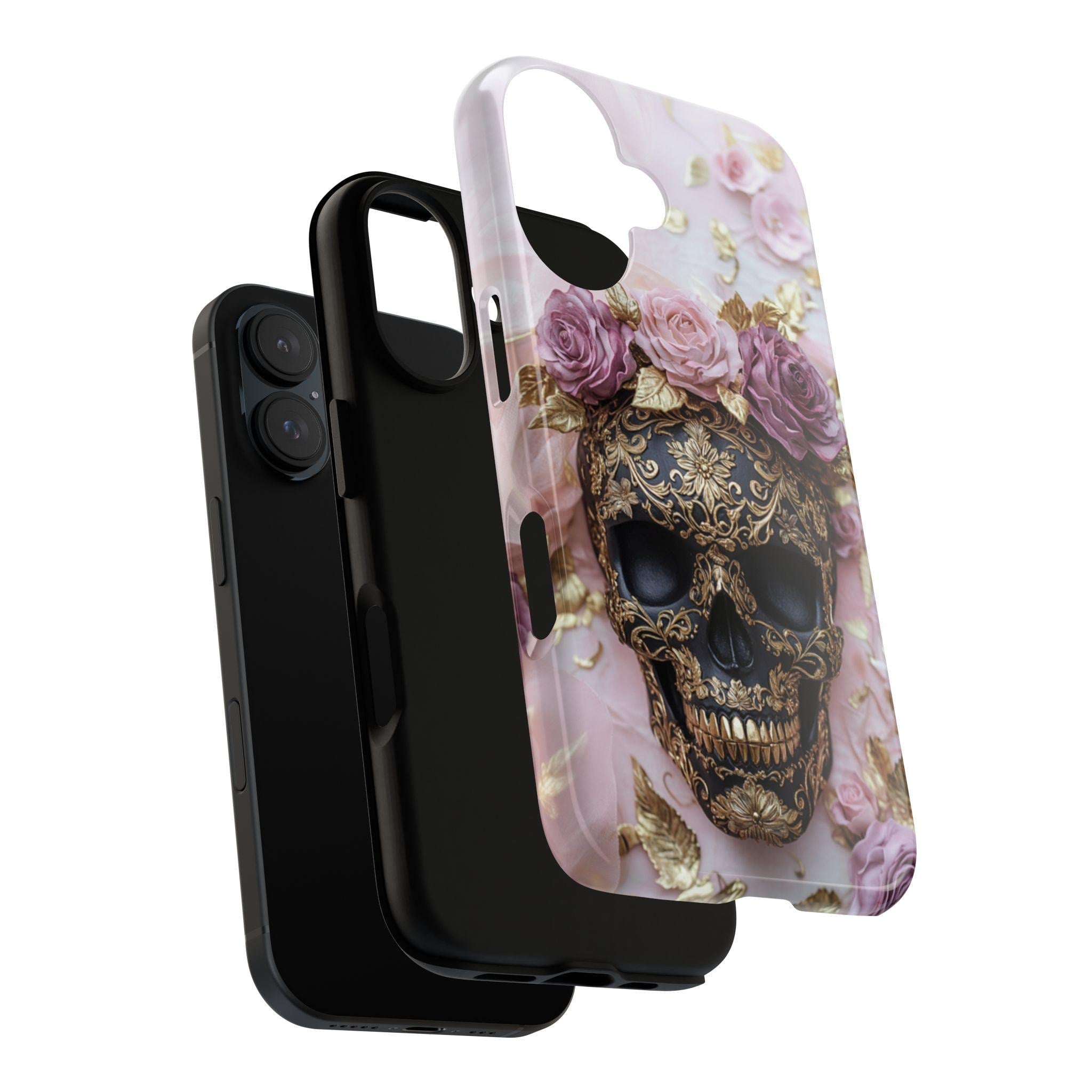 Dark Gothic Skull & Floral Phone Case, Fantasy Art Design, Pink Roses Cover Tough or Magsafe Phone Case for iPhone 16, Samsung S25, 465.21