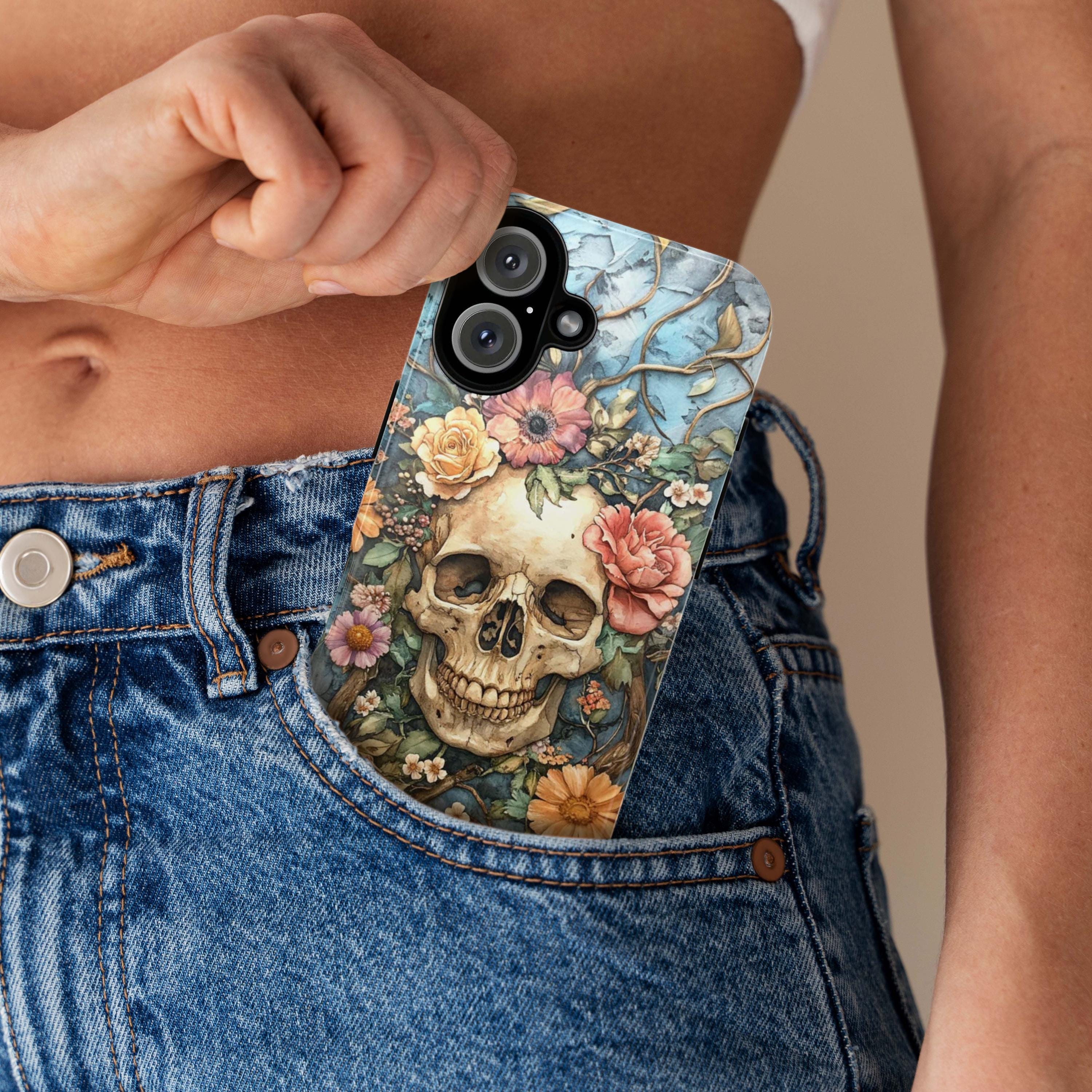 Anatomy Floral Skeleton Dia de los Muertos Phone Case, Anatomical Art Flowers & Skeleton Phone Cover for iPhone 16, Samsung S24, 435.6