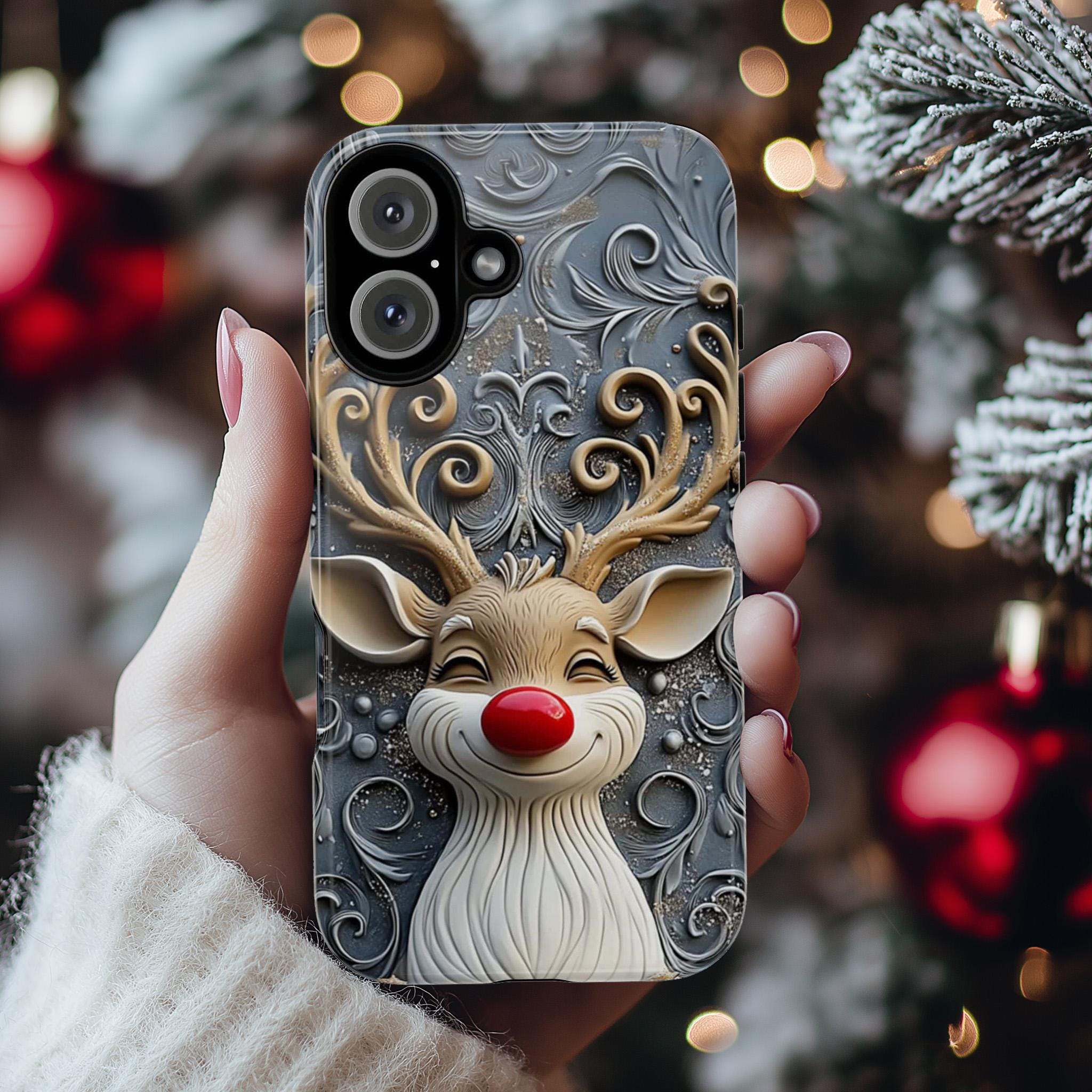 Xmas Rudolph Reindeer Phone Case, Festive Christmas Design, Cute Festive Phone Cover, Xmas Gift for iPhone 16 15, Samsung Galaxy, 433.16