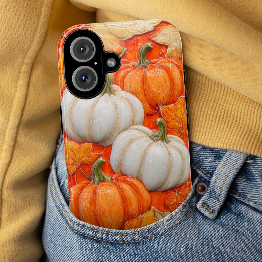3D Autumn Pumpkin Phone Case, Orange Fall Lovers Phone Case, Festive Seasonal Cover for iPhone 16 15 14 Tough or Magsafe, Samsung, 475.17