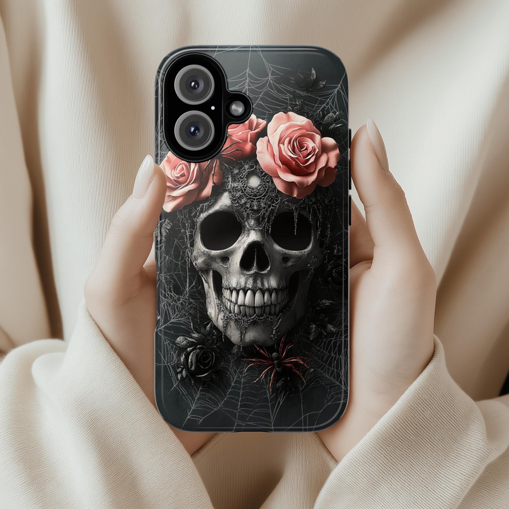 Dark Gothic Pink Roses & Skull Phone Case, Dark Fantasy Art Design, Spider Webs Phone Case for iPhone 16, Samsung S25, Pixel 9, 465.3