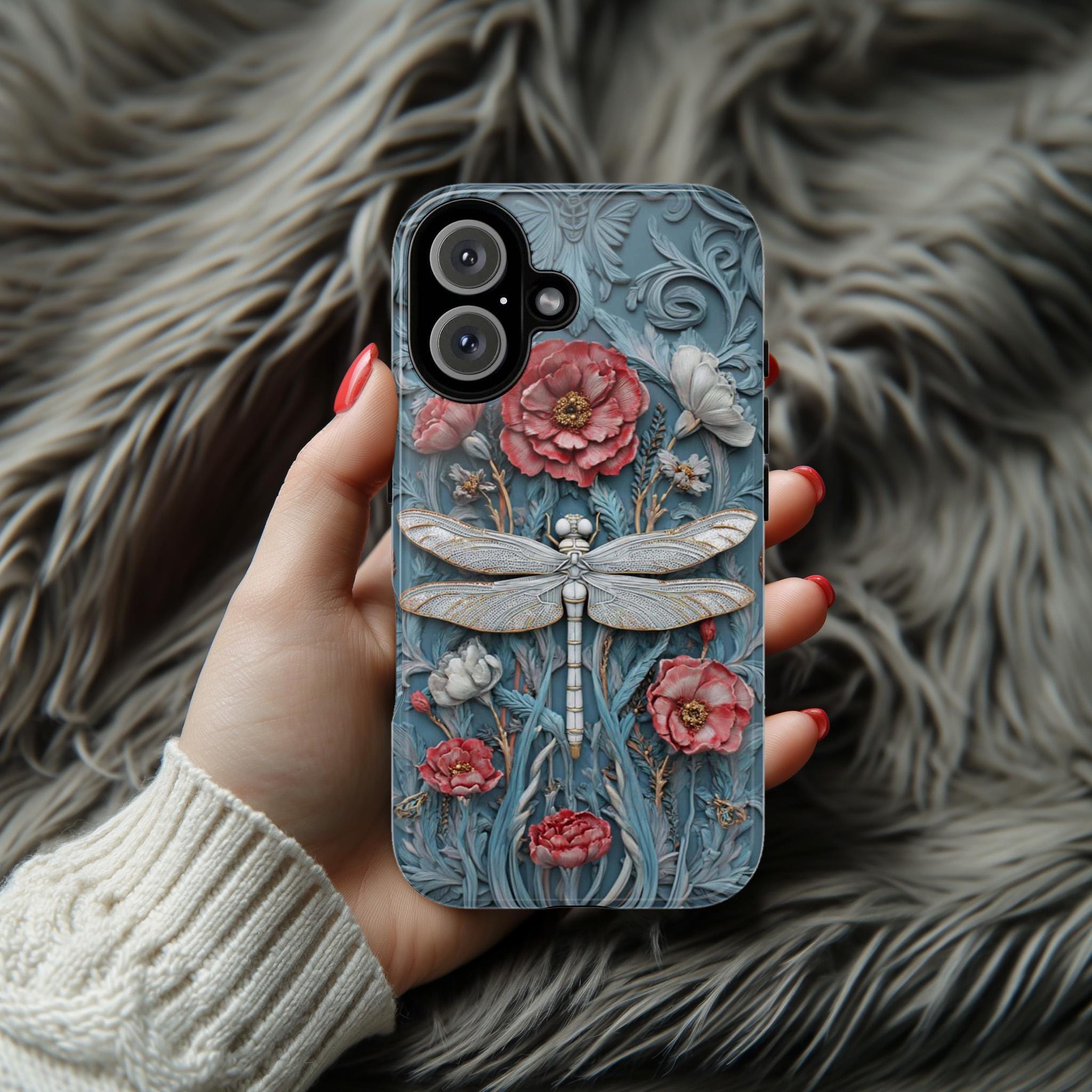 Mystical 3D Dragonfly Phone Case with Floral Design, Whimsical Boho Aesthetic Phone Cover for iPhone Magsafe or Tough Case, Samsung 476.24