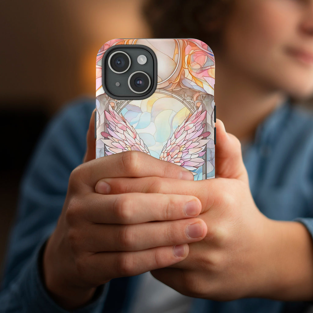 Stained Glass Angel Wings Phone Case, Aesthetic Phone Cover for iPhone 16 15 14 13 Magsafe, Pro Max Plus Samsung Galaxy S25, 358