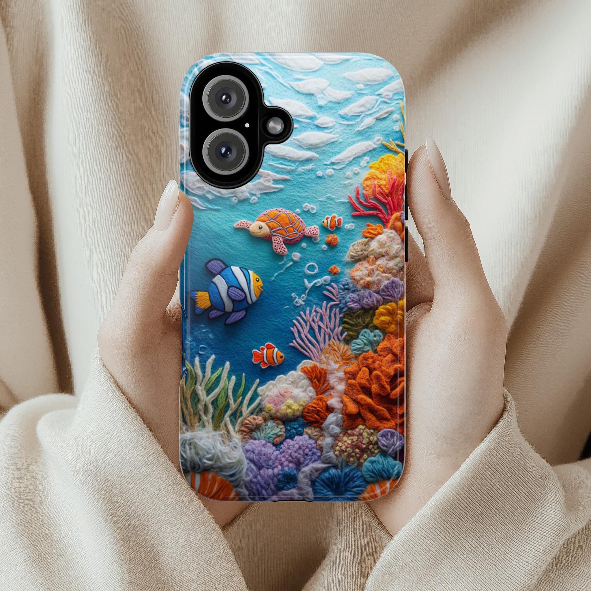 3D Felt Turtle Clownfish Coral Reef Ocean Phone Case, Marine Life Lovers Phone Case for iPhone 16 15 14 13 Magsafe, Samsung S25, 452.7