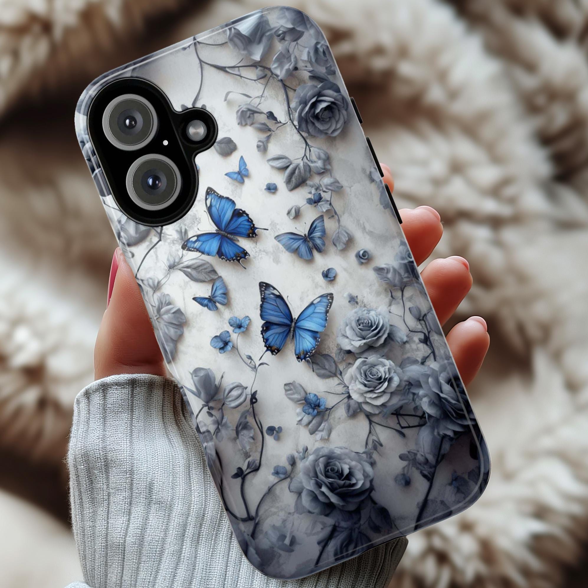 3D Blue Butterflies and Gray Rose Phone Case, Art Floral Butterfly Phone Cover for iPhone 16, 15, 14, 13 Magsafe & Samsung, Pixel, 422.10