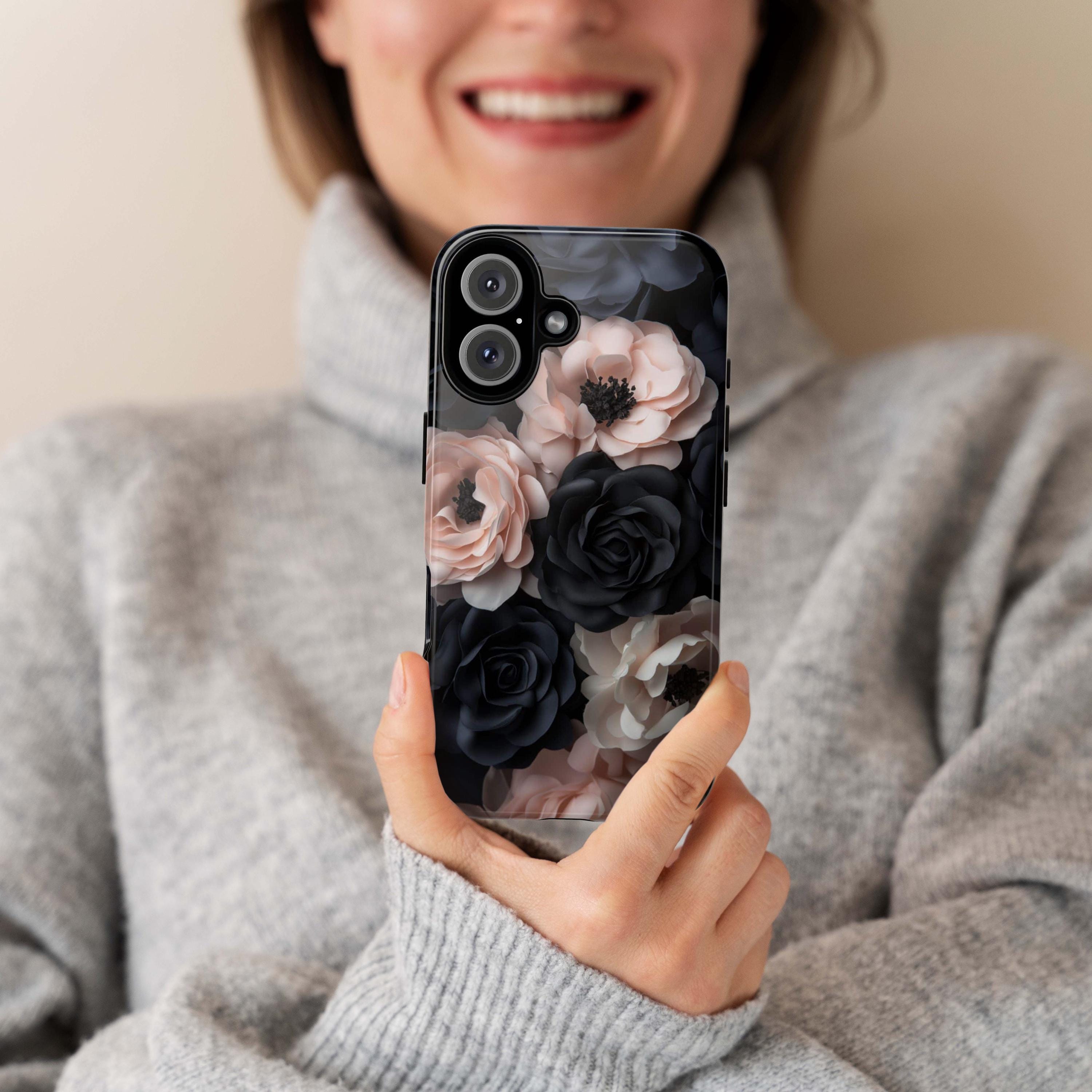 Elegant Pink and Black Roses Phone Case | Dark Gothic Floral Case, Romantic Vintage Cover for iPhone 16 15 Tough or Magsafe, Samsung, 428.20