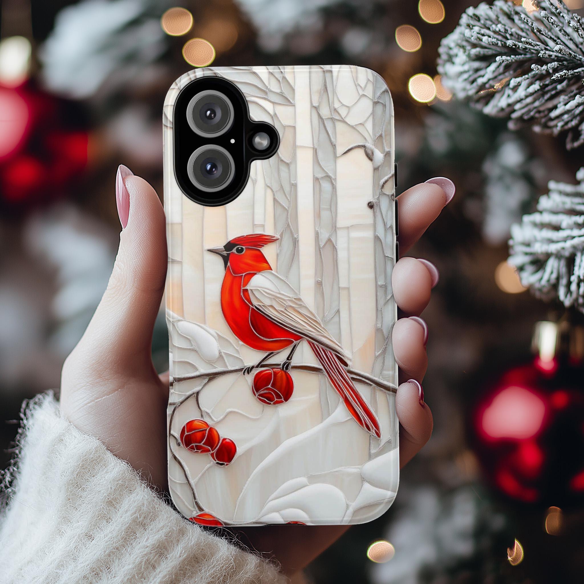 Stained Glass Winter Holiday Phone Case| Red Bird & Floral Design MagSafe for iPhone 16 15 14 13 Pro Max Plus, Samsung S24 Ultra, 420.9