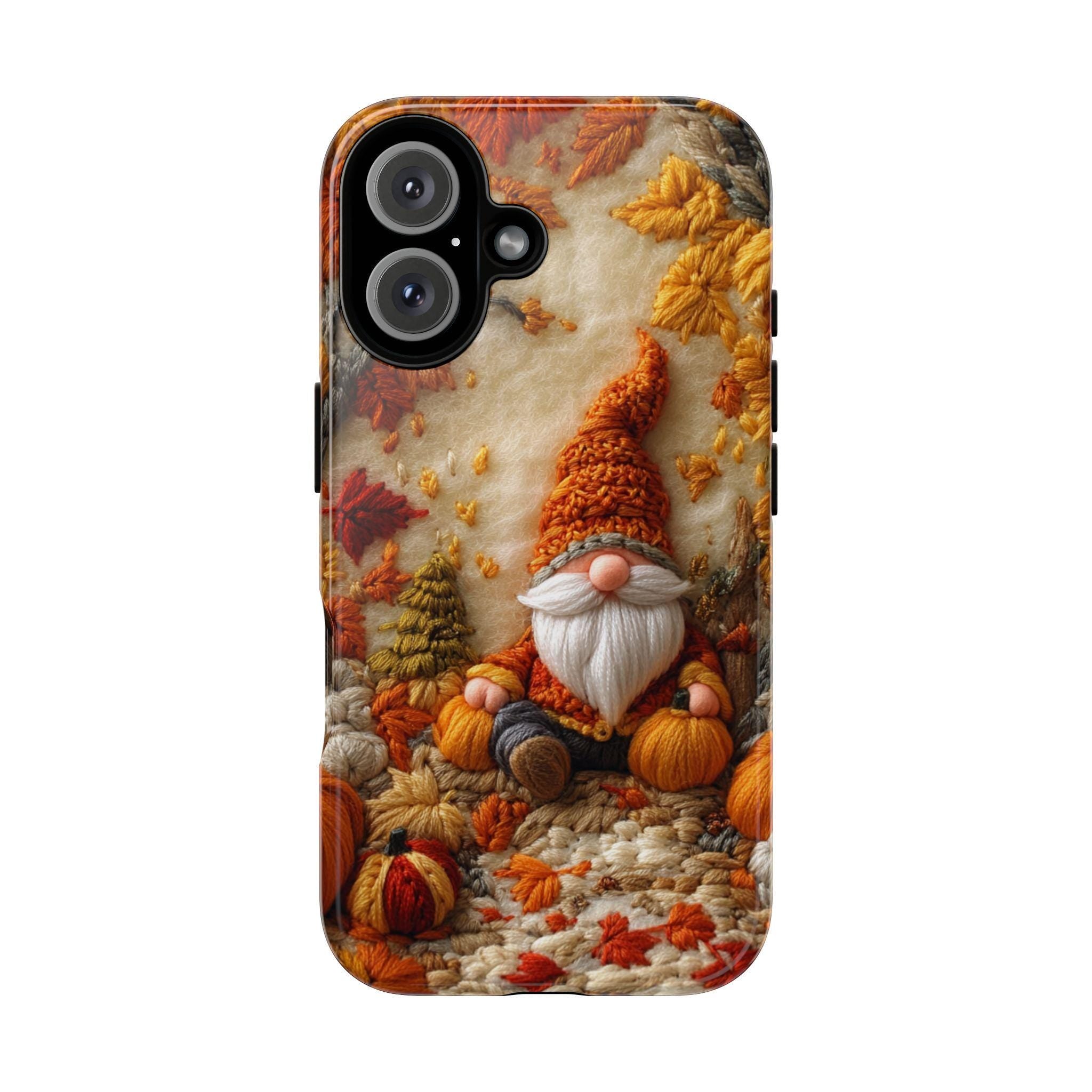 Fall Gnome Embroidery MagSafe Phone Case, Cozy Autumn Design with Fall Leaves and Pumpkins Case i Phone 15 14 13 12 / Samsung S24, 452.1